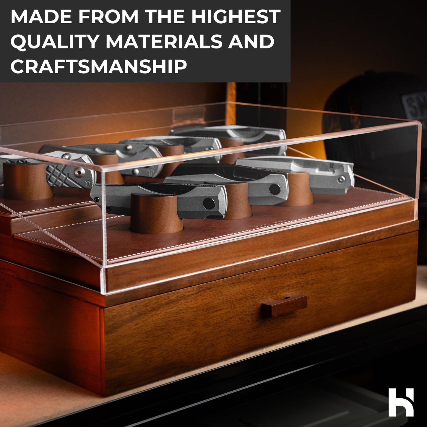 Premium Pocket Knife Display Case for 30 Knives - Large Wooden Knife Organizer, Storage & Holder with Unique Pillars, Hinged Cover, Drawer - Knife Collection Box - Handcrafted Father's Day Present