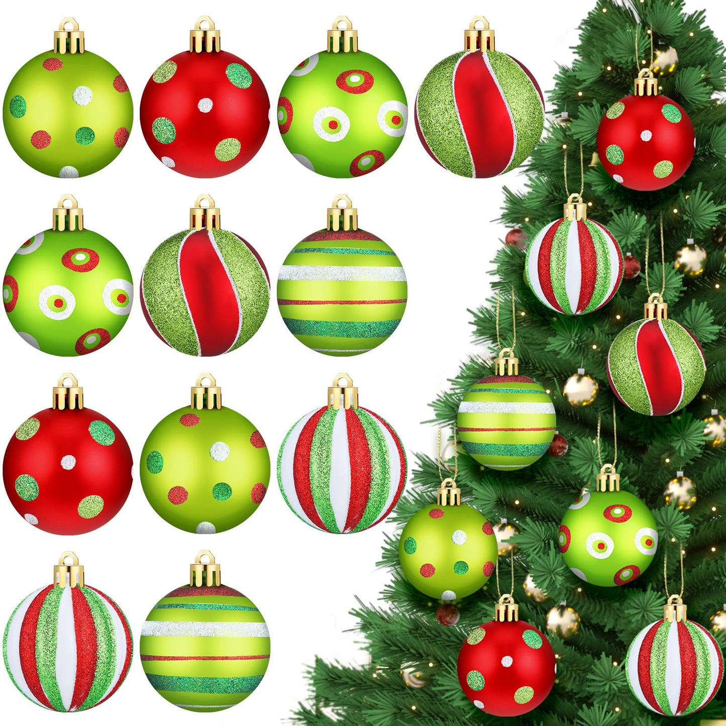 Jetec 12 Pcs Lime Green and Red Christmas Ball Ornaments for Tree 2.4 Inch Polka Dots Stripes Christmas Decorations Shatterproof Peppermint Candy Cane Xmas Baubles for Tree Home Wreath Party Decor