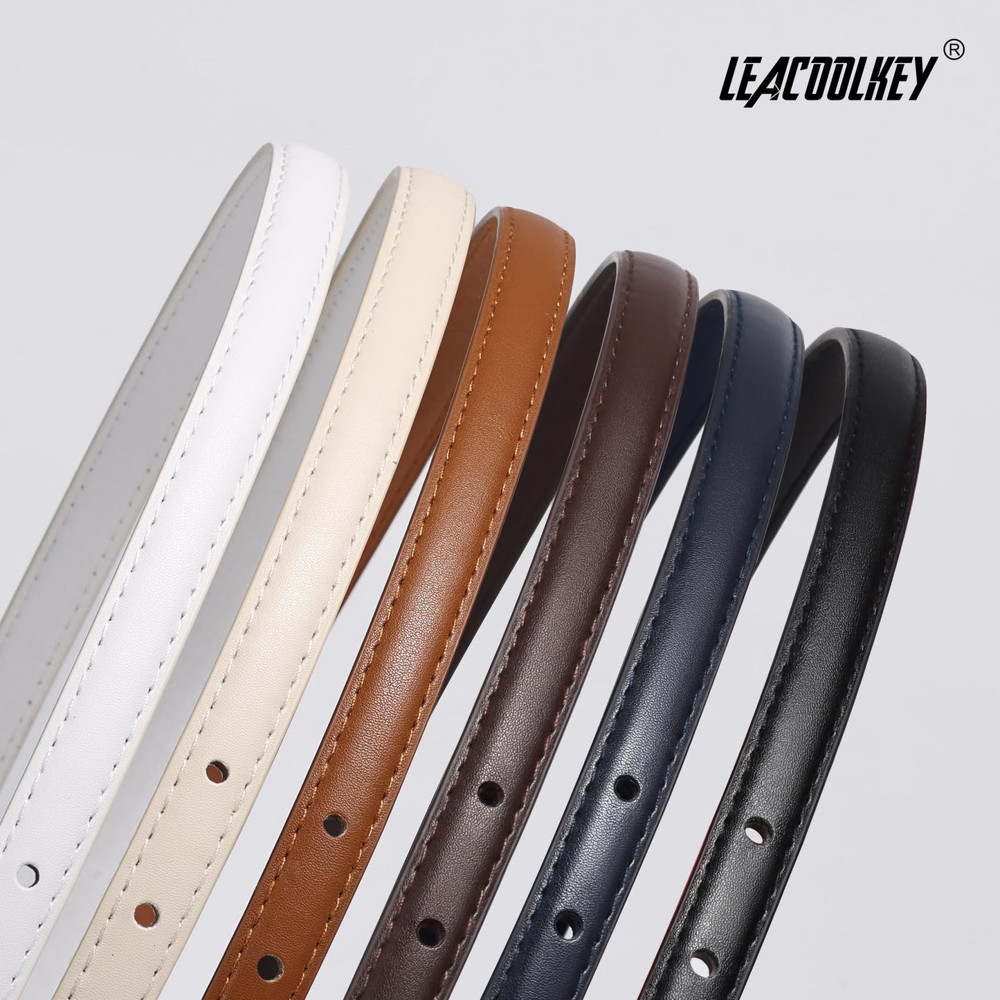 LEACOOLKEY 2 Pack Women Thin Leather Belts Ladies Skinny Waist Belt for Dresses Jeans 0.55" Width