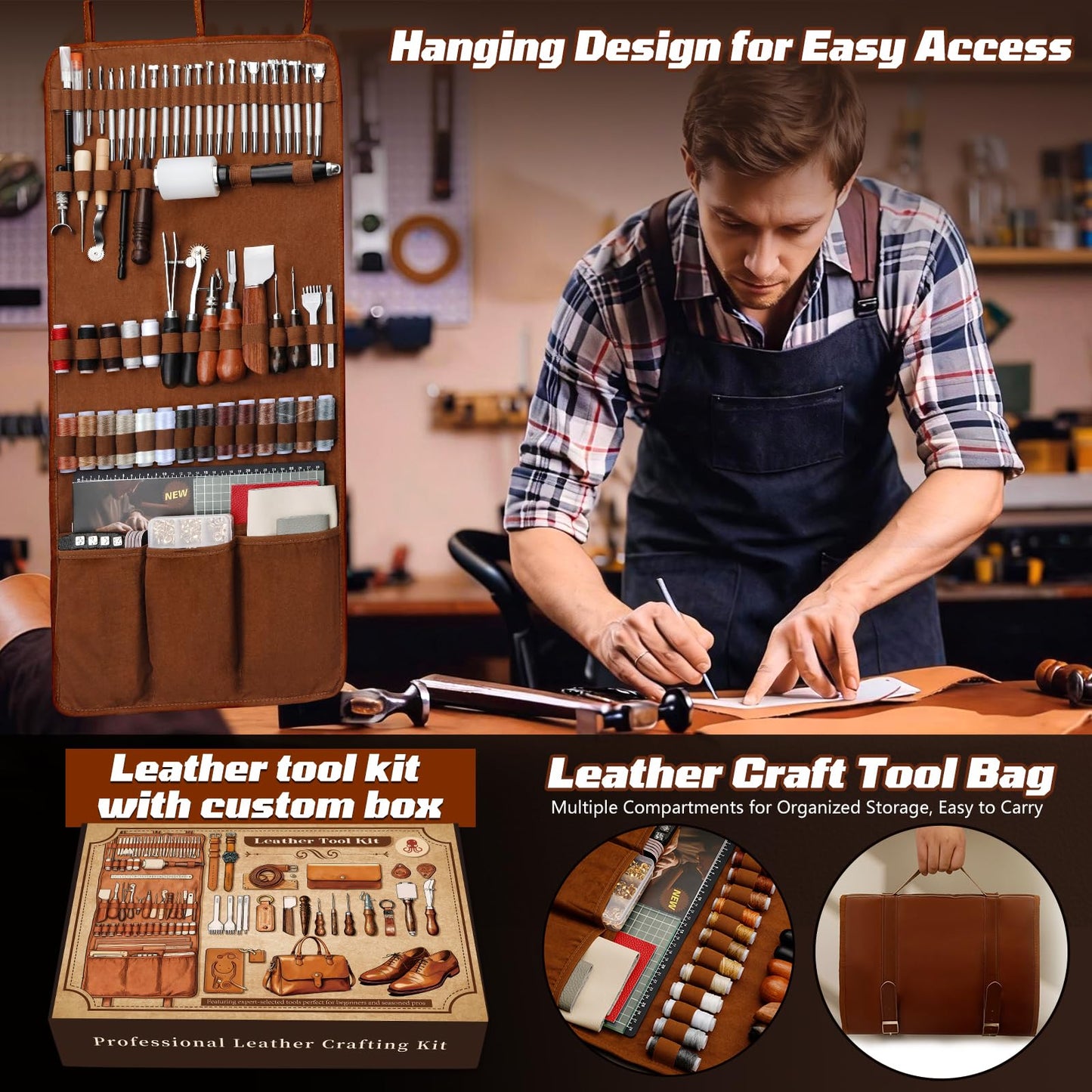 CBHGFEA Leather Working Kit, Leather Working Tools and Crafting Kit with Custom Storage Bag, Engraving, Cutting, Sewing, Stamping, Sanding Supplies for DIY Handicraft Making and Repair