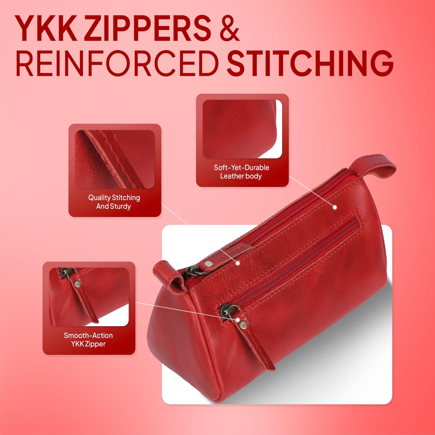 TheAntiq Leather Makeup Bag for Women – Genuine Leather Cosmetic Bag Travel, Handmade Zippered Makeup Pouch, Small Toiletry Bag, Shaving Kit & Stationery Organizer- Red