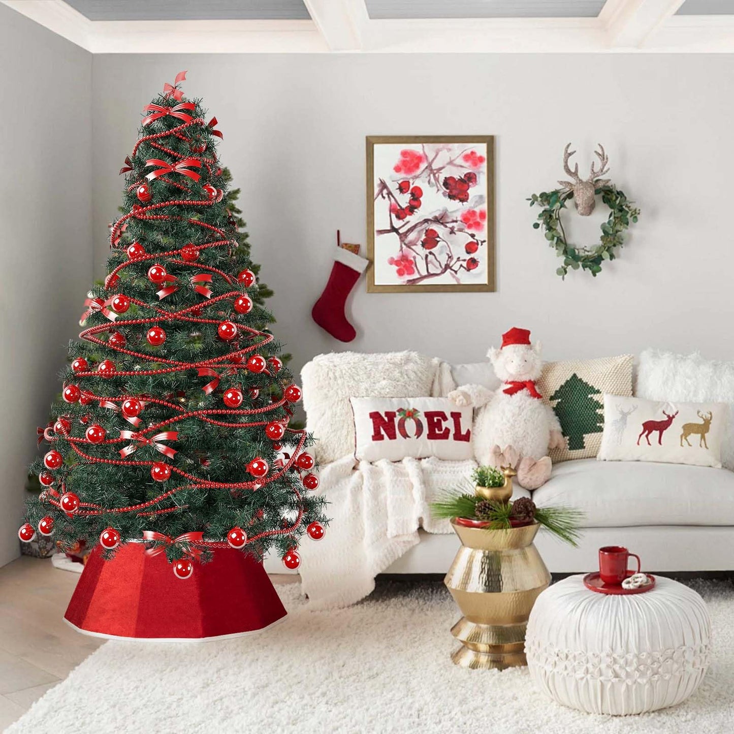 Christmas Tree Collar, 26.3" Red Velvet Foldable Tree Ring Skirt for Pencil Tree, Rustic Farmhouse Tree Stand Base Cover for Artificial Trees, Xmas Holiday Home Décor
