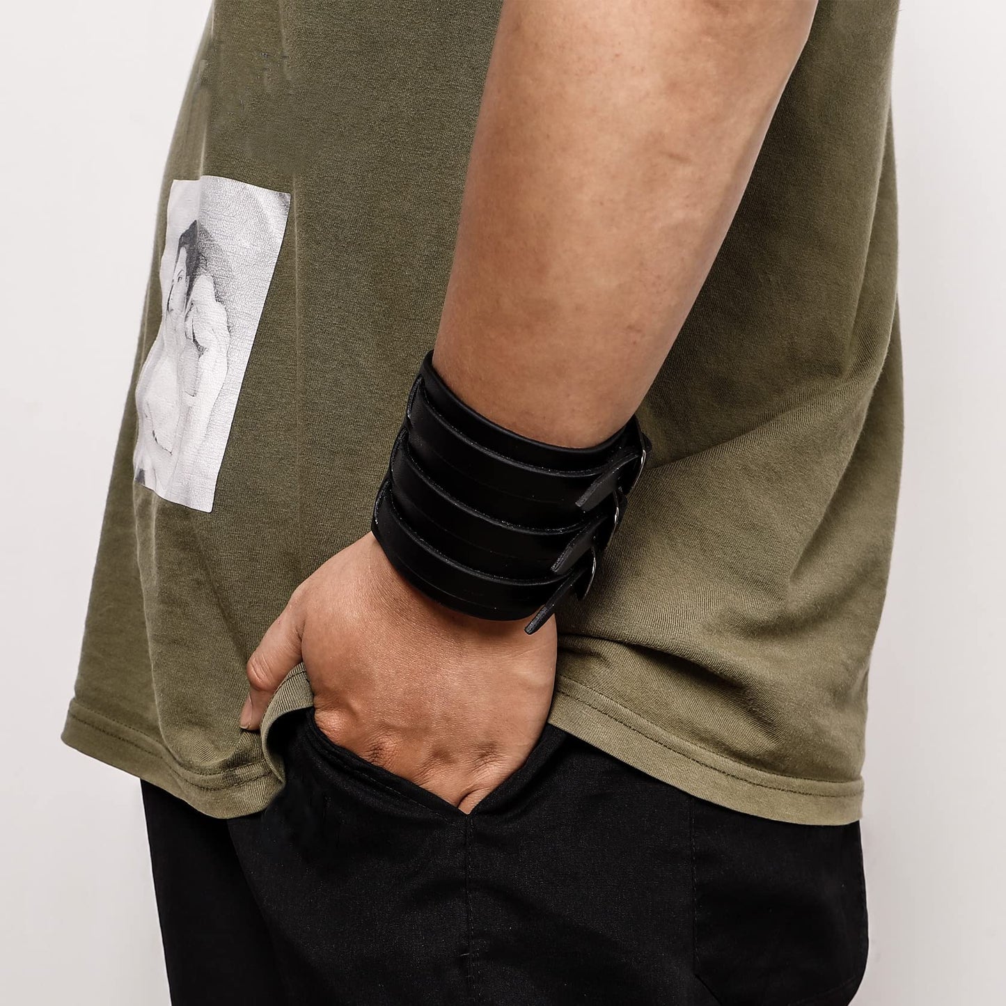 Eigso 2Pcs Pu Leather Bracelets Hip-hop Punk Rock Cuff No Spike Gothic Wrist Band Pair Black for Men