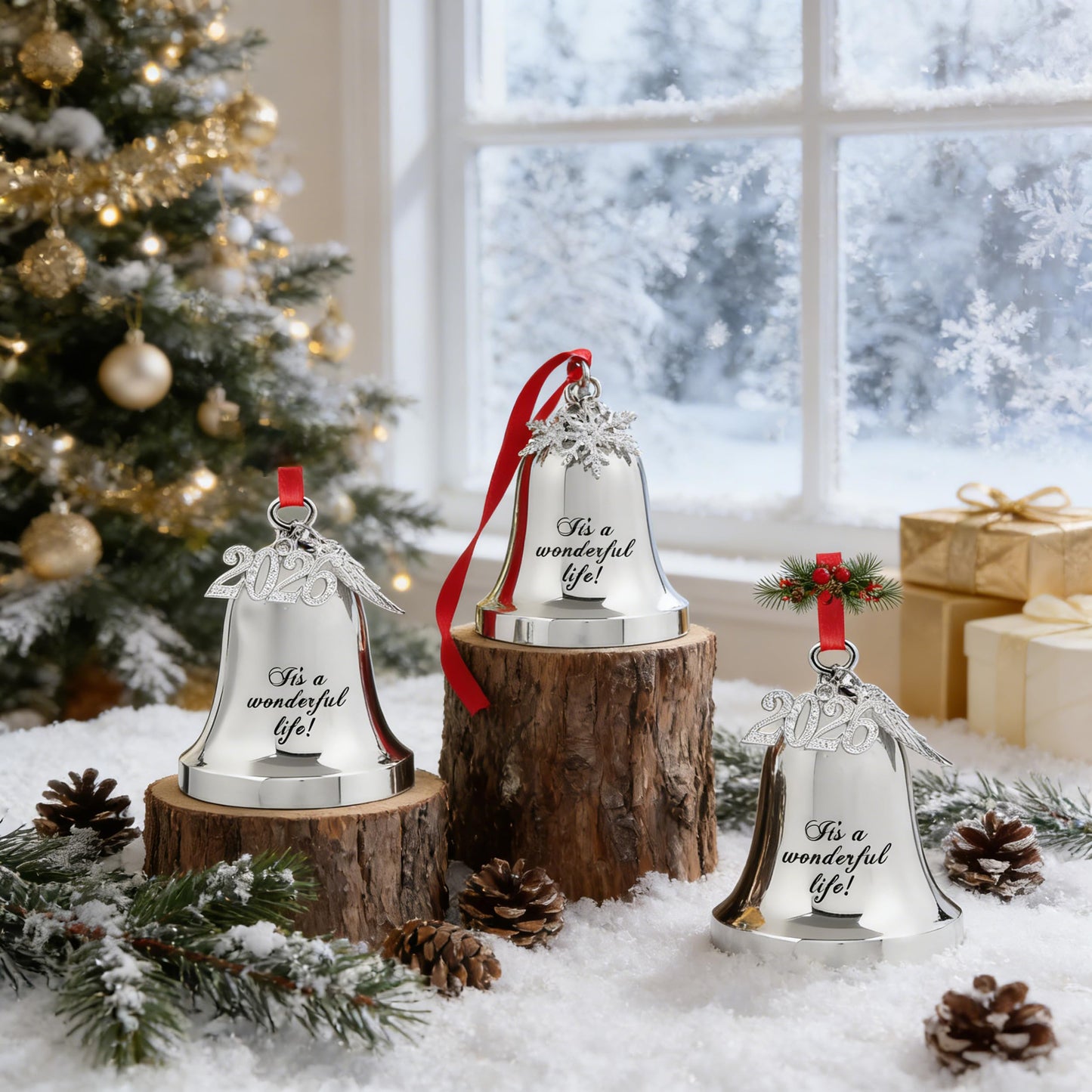 JUPPE It's a Wonderful Life Silver Bell Christmas Ornament, 3 Inch Metal Holiday Tree Decoration with Snowflake Topper, 2026 Charm and Red Ribbon (Silver)