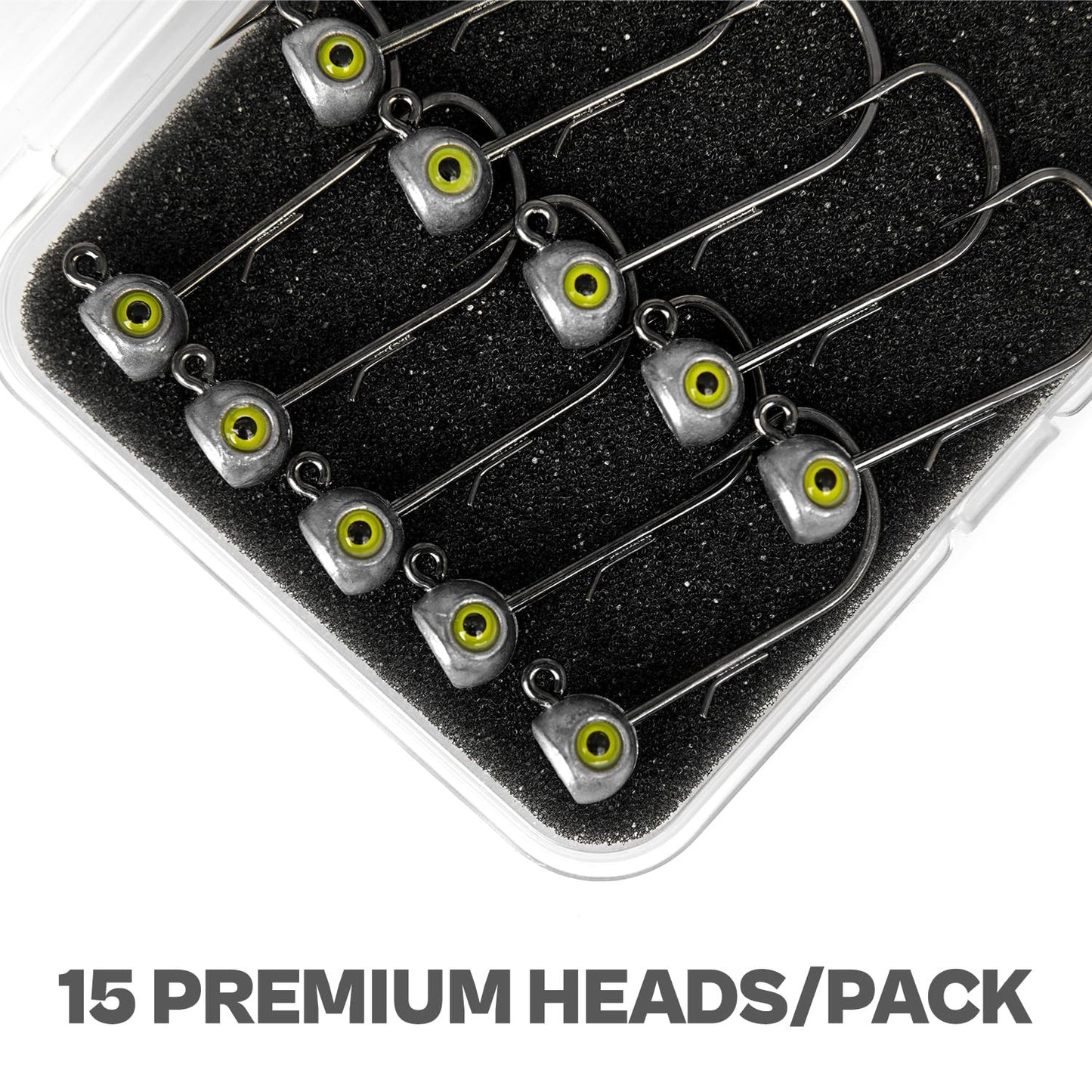15-Pack Fish Eye Ned Rig Jig Heads with Welded Wire Bait Keeper β 1/16 3/32 1/8 3/16 1/4oz with 2/0 3/0 Hooks, Chartreuse Eyes, Secure Finesse TRD Hookup for Bass Fishing