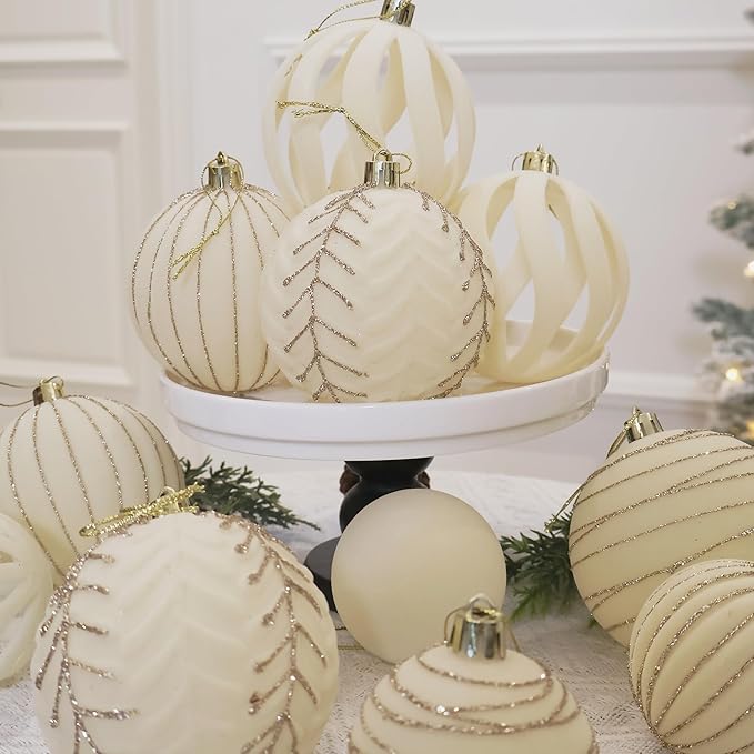 3.15INCH Beige Velvet Ornaments for Christmas Tree, 12PCS Glitter Flocked Christmas Ornaments Decorations Balls Set Decor