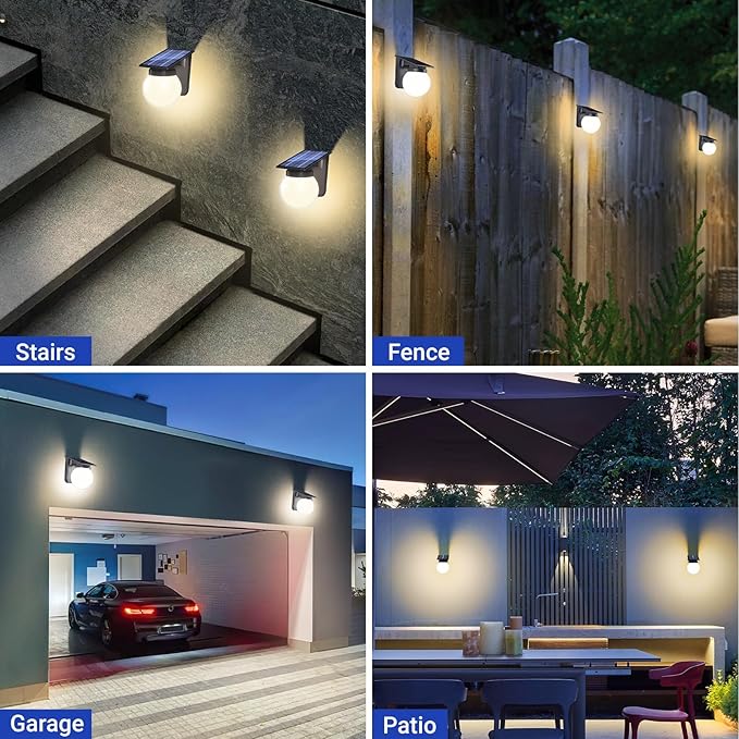 Solar Wall Lights Outdoor, 2 Pack, 3 Lighting Modes, IP65 Waterproof, Wireless Solar Powered LED Lights for Backyard, Garden, Fence, Patio, Front Door - Bright & Durable Outdoor Lighting