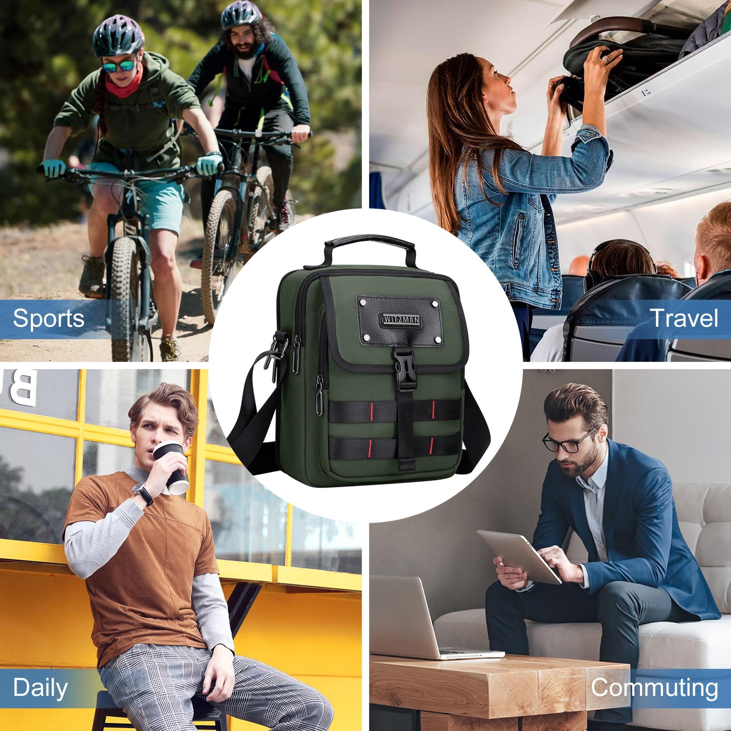 WITZMAN Crossbody Bag for Men Casual Messenger Bag Satchel Nylon Shoulder Bag Lightweight Man Purse for Work Travel(B708 Army Green)