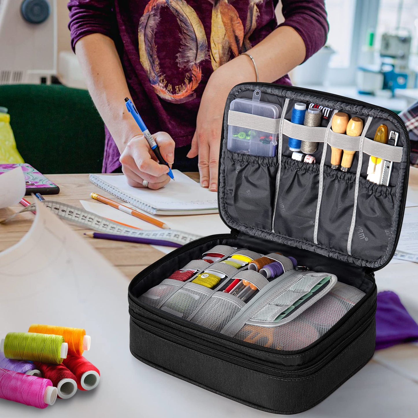 BUBM Double Layer Sewing Organizer with Detachable Dividers, Sewing Supplies Organizer for Sewing kits (BAG ONLY), Medium/Black