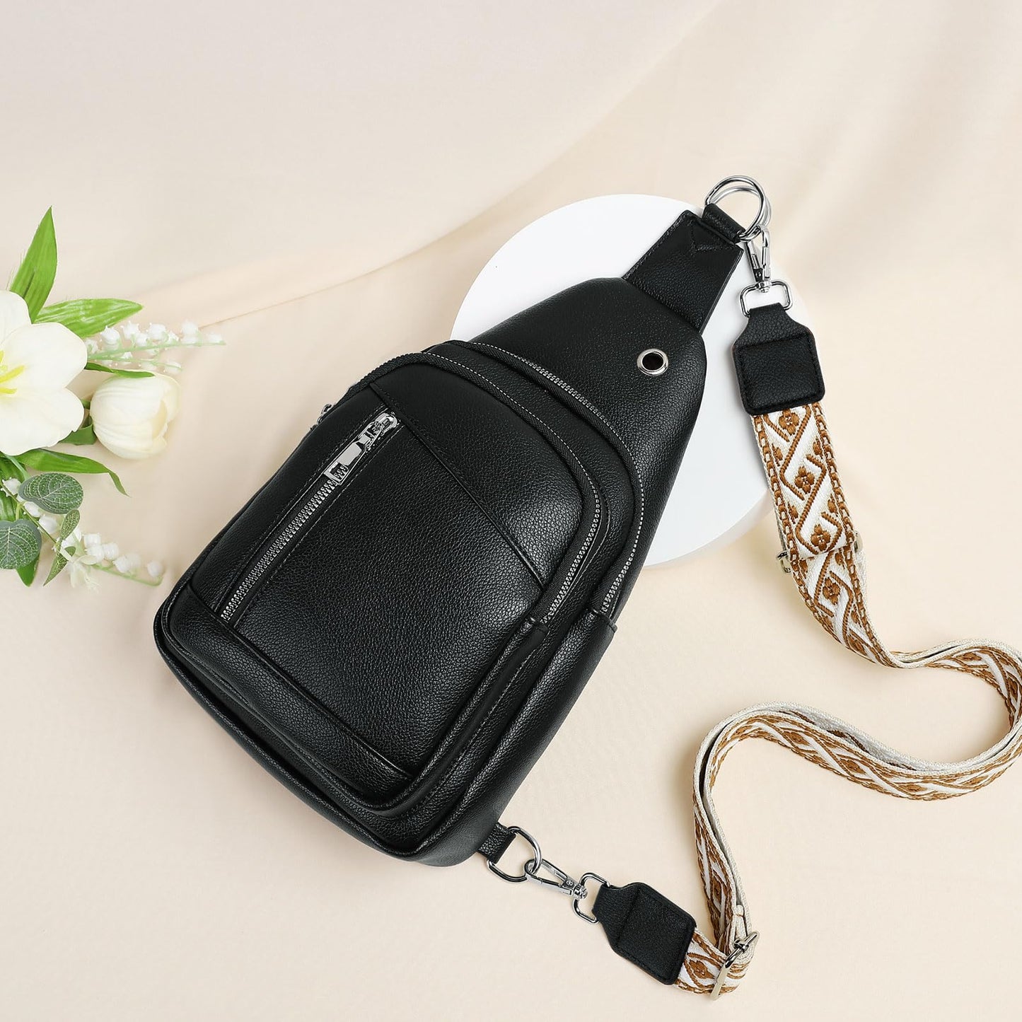 SUIKIHUM Anti Theft Sling Bag, 2 in 1 PU Leather 8.3" Convertible Crossbody Bags, Fanny Pack Backpack with 2 Removable Straps for Hiking Cycling Sport (Black)