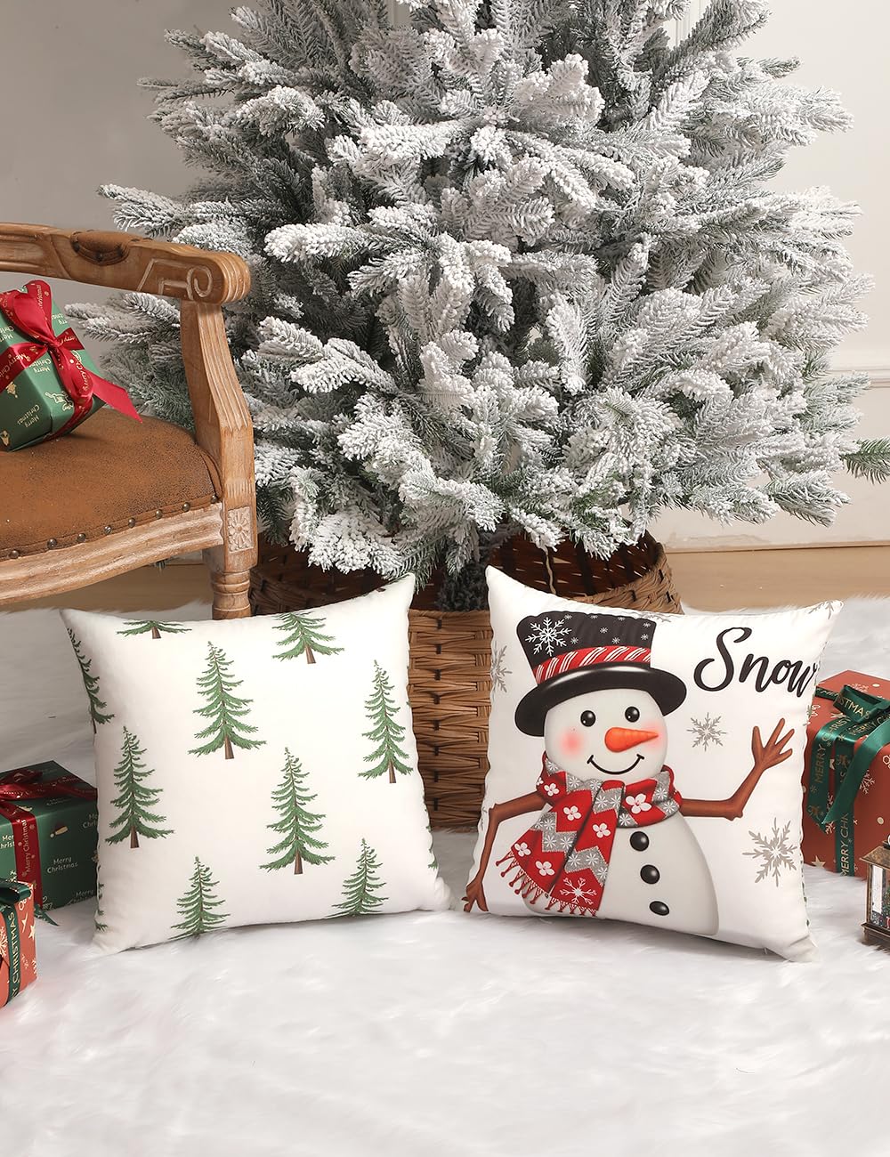 TOYPOPOR Christmas Decorations, Double Sided Plaid Throw Pillow Covers 18x18 Inches Set of 4, Christmas Tree, Snowflakes, Merry Christmas, Snowman Reindeer Winter Holiday Pillowcase for Sofa Couch
