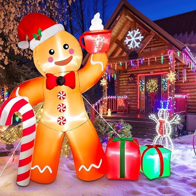 8 FT Christmas Gingerbread Inflatable Outdoor Decoration With LED Lights, Cute Gingerbread Man With Gift & Hot Cocoa Blow Up Yard Decor for Garden