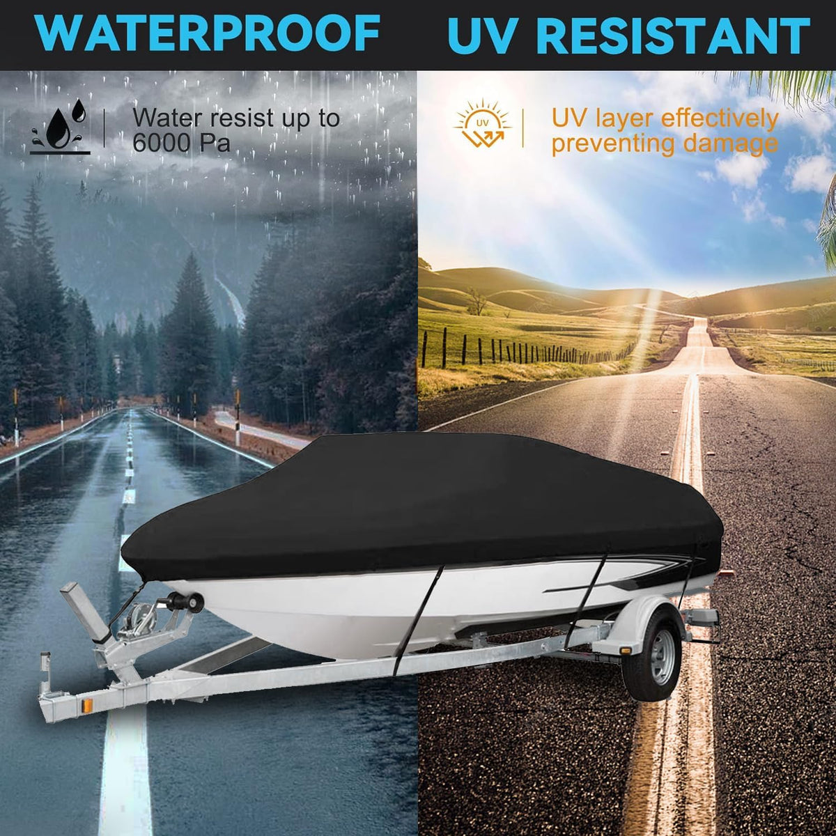 Heavy Duty Waterproof Boat Cover, PU Marine Grade Polyester Boats Covering, UV Resistant Bass Boat Cover, Fits V-Hull Tri-Hull Fish&SkiBoat, Runabout (17'-19', Beam Width up to 96")