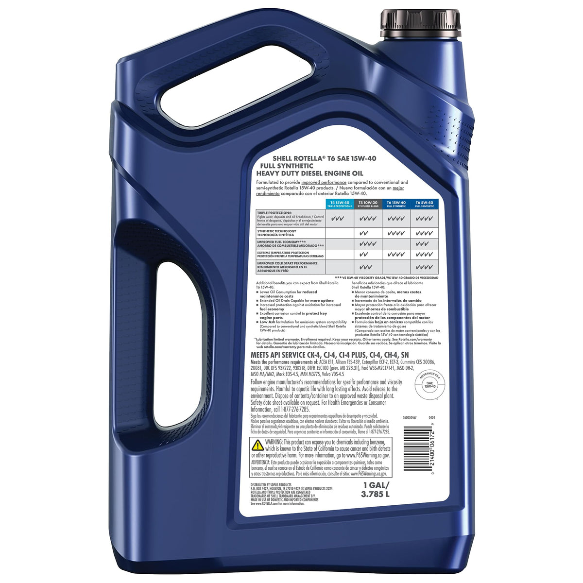Shell Rotella T6 Full Synthetic 15W-40 Diesel Engine Oil, 1 Gallon