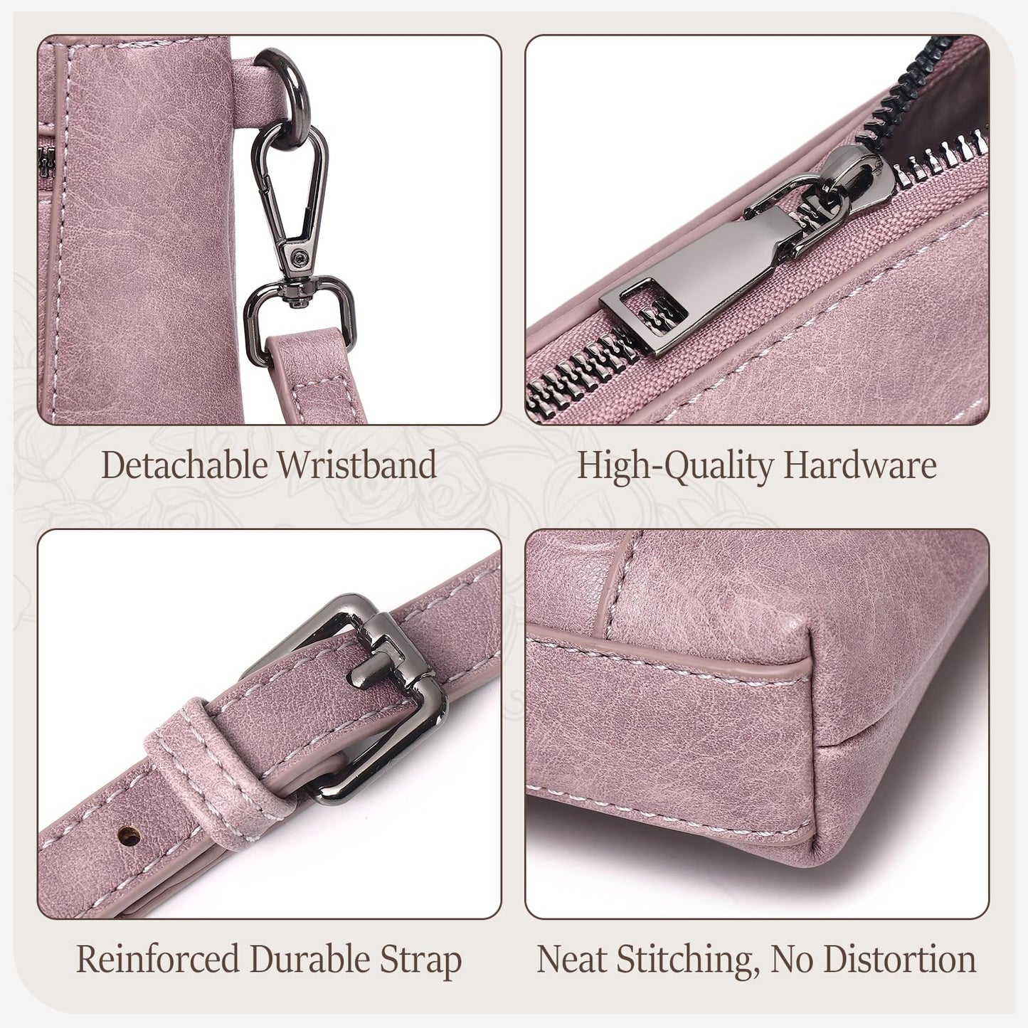 MEITRUE Wristlet Wallets Clutch Purses for Women - Rose Embossed Vegan Leather Small Crossbody Bag Mini Cell Phone Wallet Purse with Adjustable Strap & Card Pockets