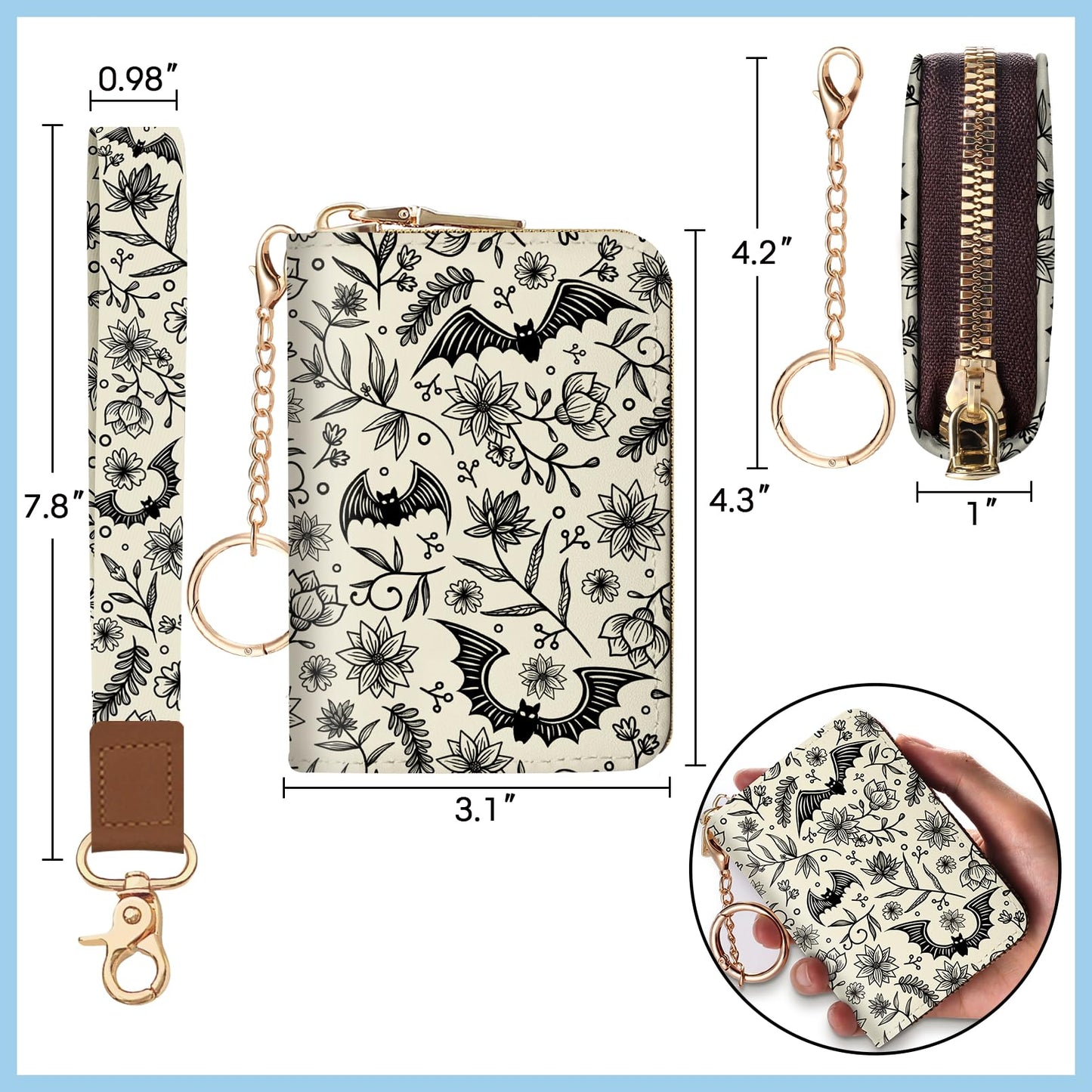 Blusabaca Credit Card Holder for Women, Goth Small RFID Blocking Wallet with Wristlet Strap, Gothic Zipper Keychain Women Wallet, Leather Card Case Wallet Purse with Key Lanyard