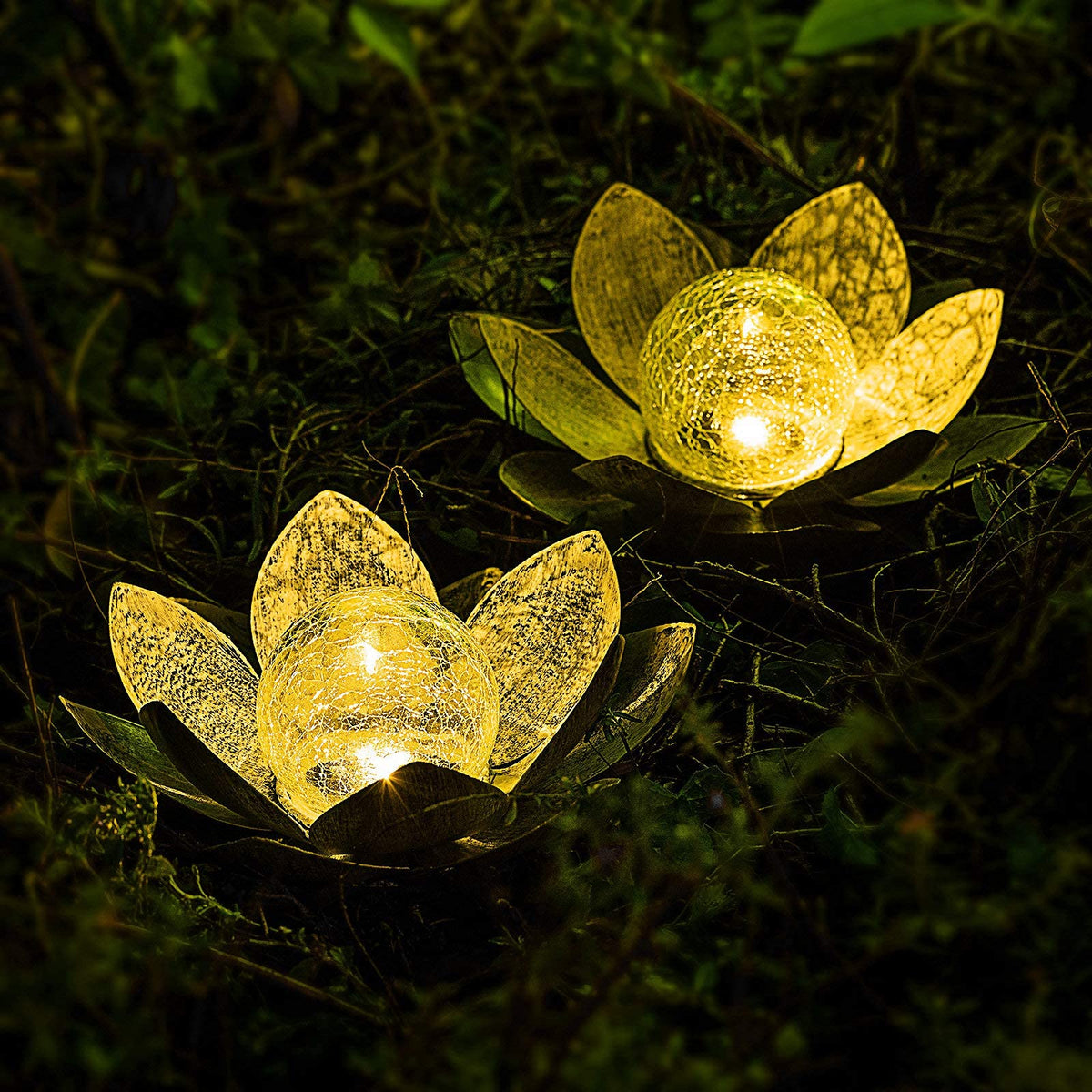 Huaxu Solar Lights Outdoor Garden, Crackle Globe Glass Lotus Decor, Waterproof LED Metal Flower Decorations for Patio,Lawn,Walkway,Tabletop,Ground
