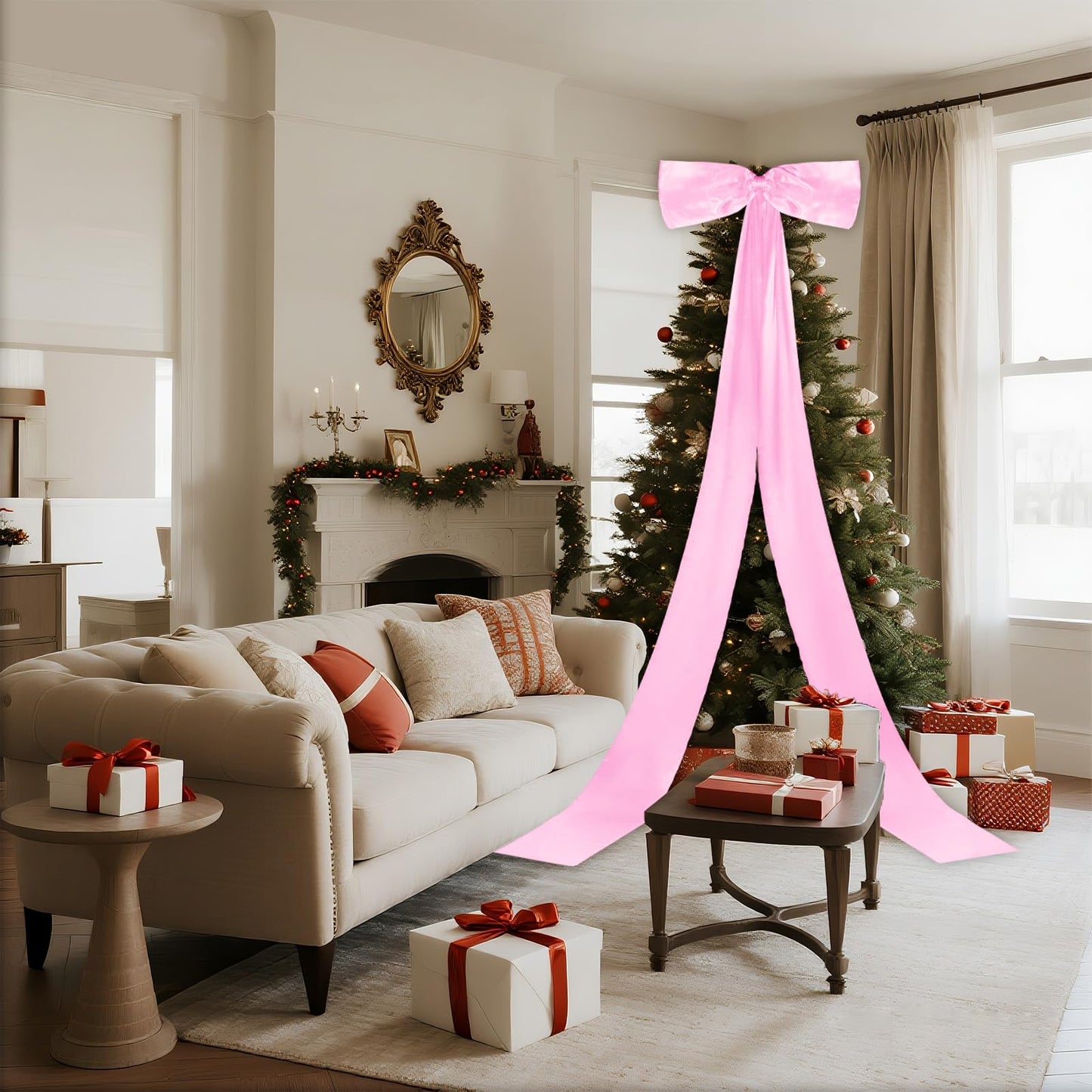 Giant Christmas Tree Bow Topper Big Bow for Christmas Tree Decorations 18X118In Tree Toppers Bows Big Pink Bows for Wedding Birthday Party Wall Backdrop(Pink)