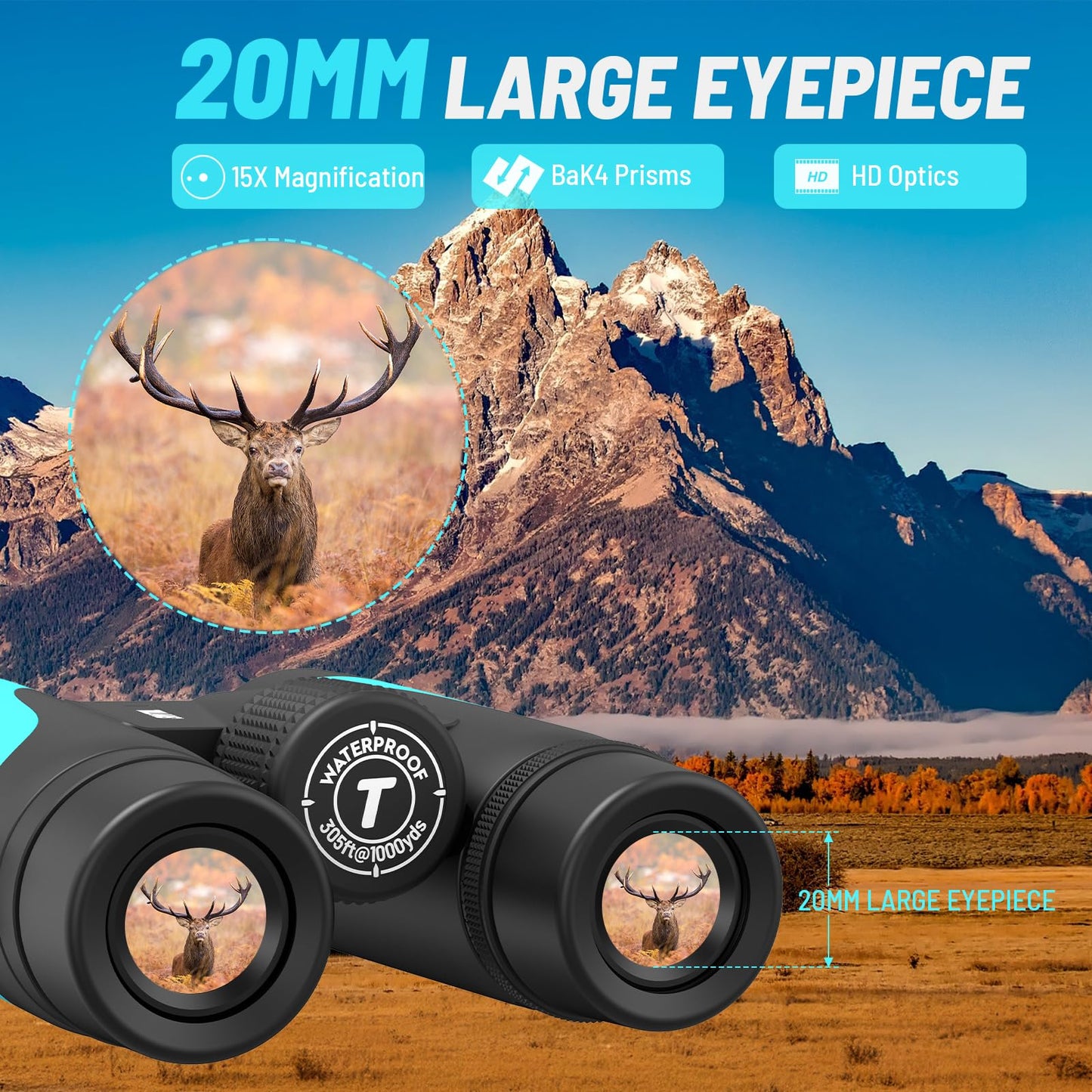 Tinllaans 15x55 HD Binoculars for Adults – High Powered Large View, BAK4 Prism, Waterproof & Lightweight for Bird Watching, Hiking, Travel, Cruise, Sports with Phone Adapter (Blue)