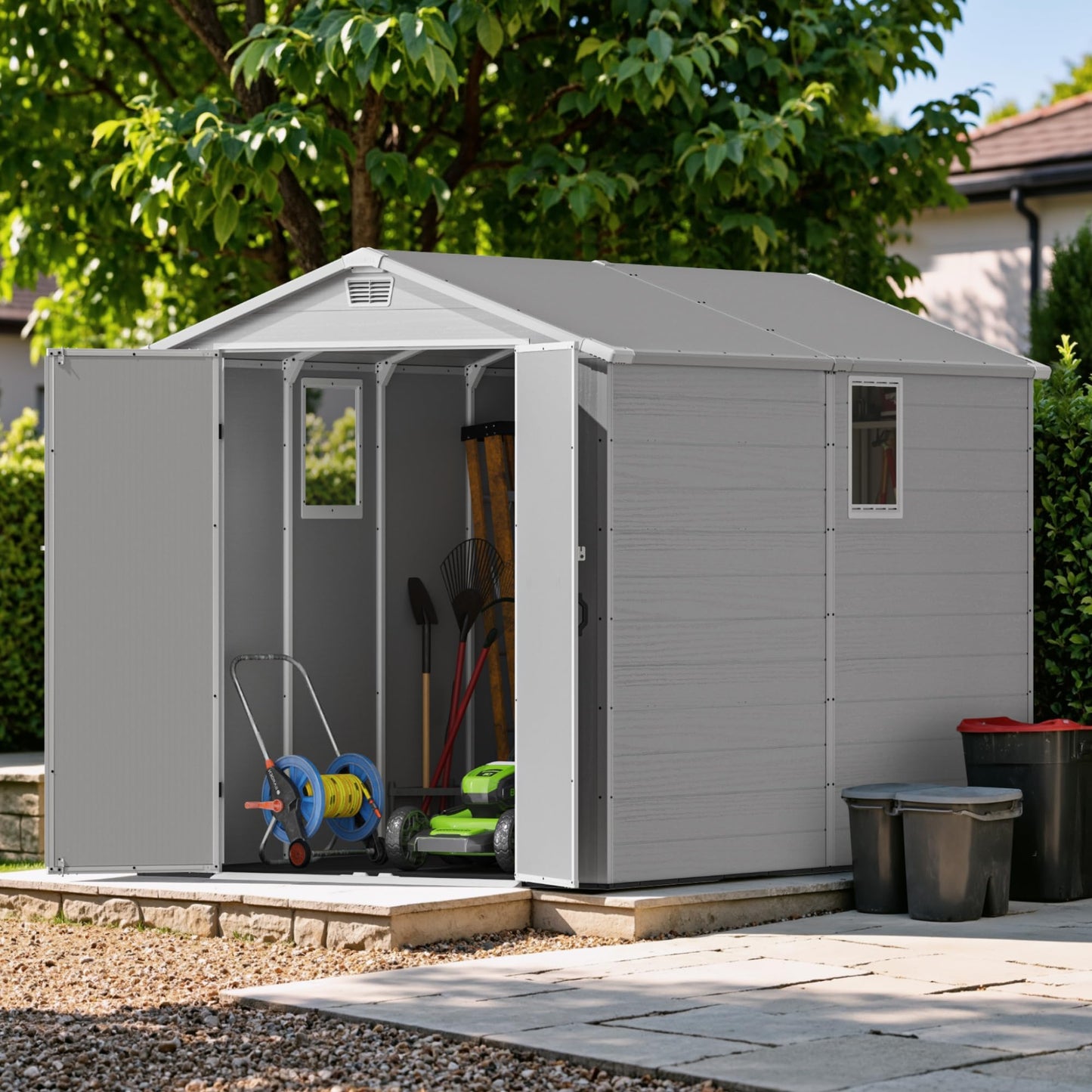 Devoko 6x10 FT Plastic Storage Shed with Floor, Large Resin Outdoor Sheds with Lockable Door and Windows, Waterproof Outside Tool Garden Shed for Patio, Lawn, Backyard, Light Gray