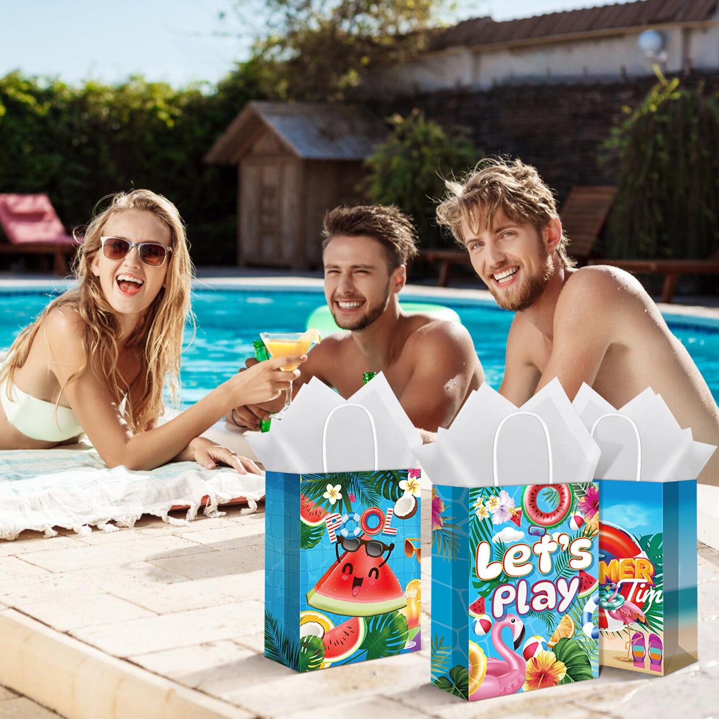 MIMIND Summer Beach Party Paper Bags with Tissue Paper 48 Pack Pool Kraft Goodie Candy Gift Treat Bags with Handles for Summer Luau Tropical Beach Party Favors Supplies