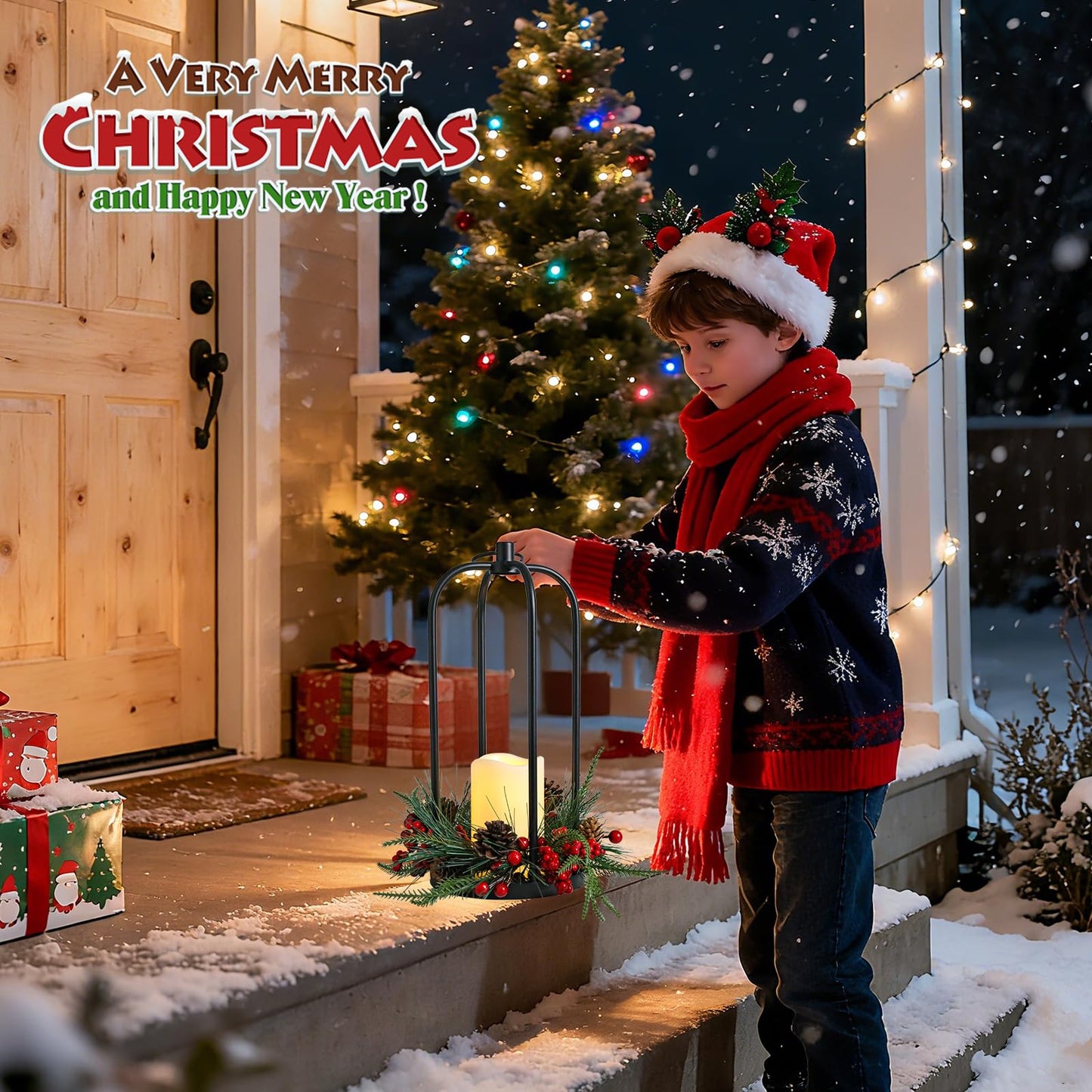Bdor Christmas Lantern Decor Set of 2 – 14" Tall Hanging Metal Candle Holder with Pine Cones, Berries and LED Flameless Candle – Holiday Table Centerpiece for Indoor Home Decoration