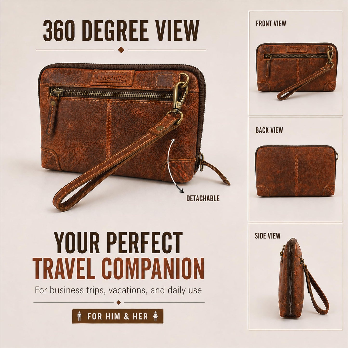 TheAntiq Genuine Leather Makeup Bag Travel Organizer, Premium Handcrafted Cosmetic Pouch with Zipper & Wrist Strap, Durable Toiletry Storage for Women & Men, 5 x 9- Tan
