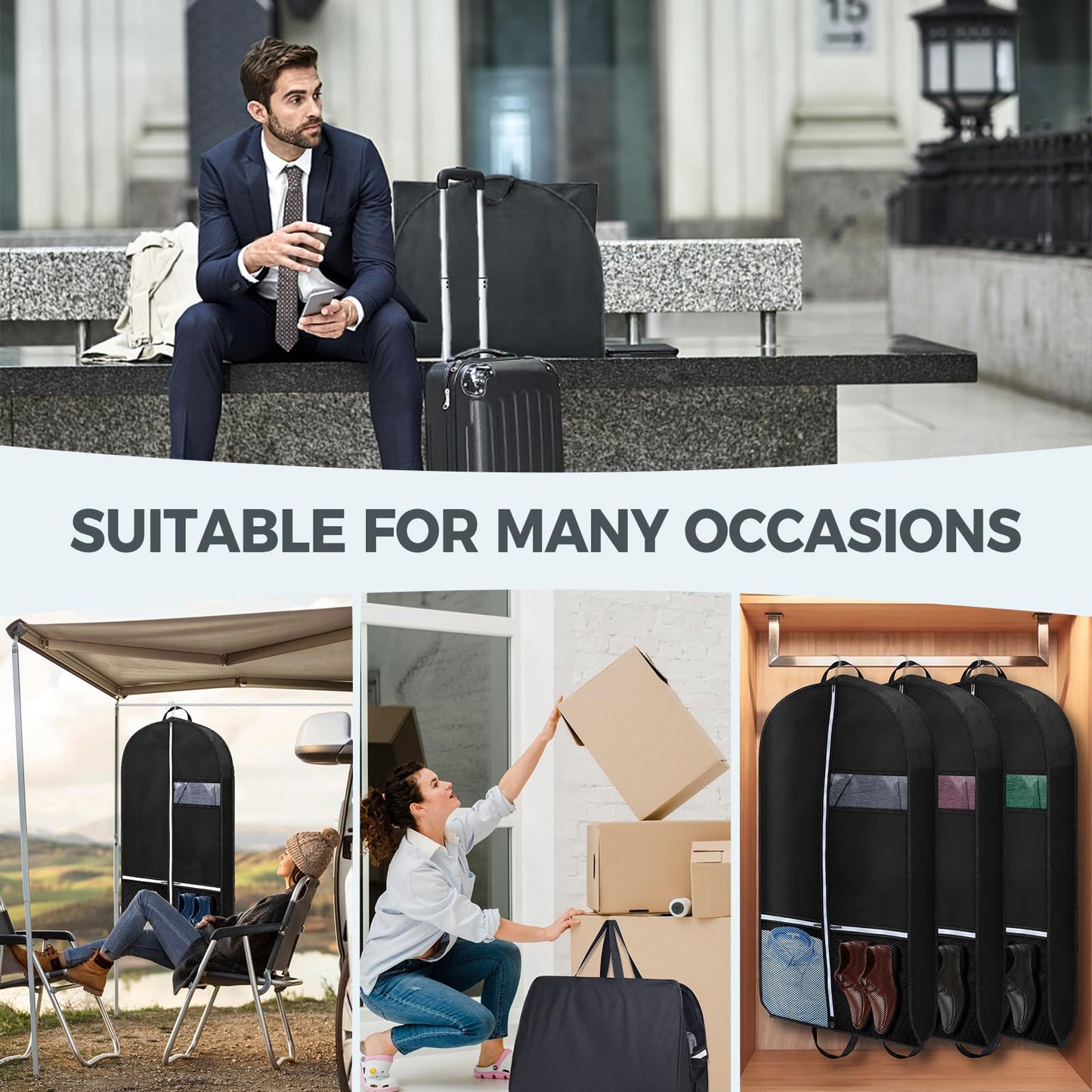 2 pcs 43" Garment Bags for Travel, Suit Bags for Clothing Storage with 2 Handle, Garment Bags for Hanging Clothes Covers with 4" Gussets for Coats, Jackets, Shirts, Sweater