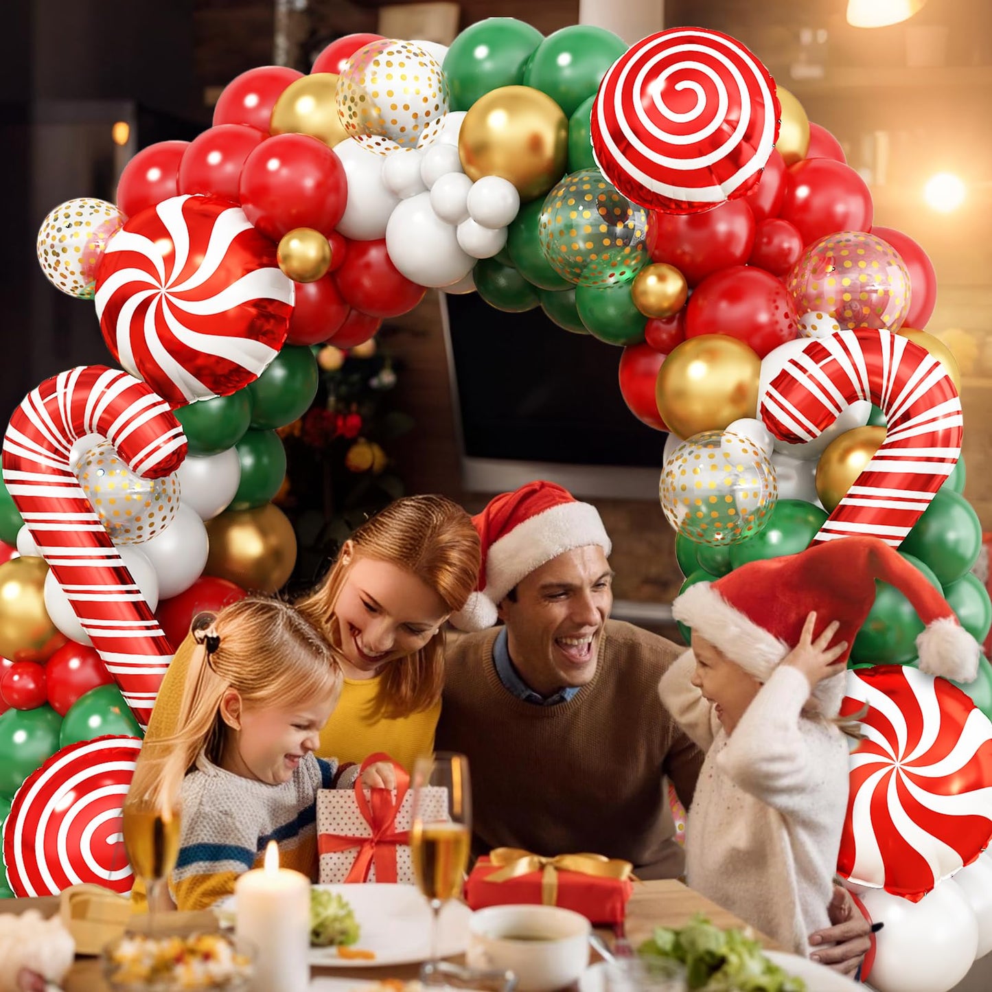 Christmas Balloon Garland Arch Kit, Red Green White Gold Balloons with Large Candy Cane Swirl Mylar Star Foil Balloons for Holiday Xmas Party Decorations