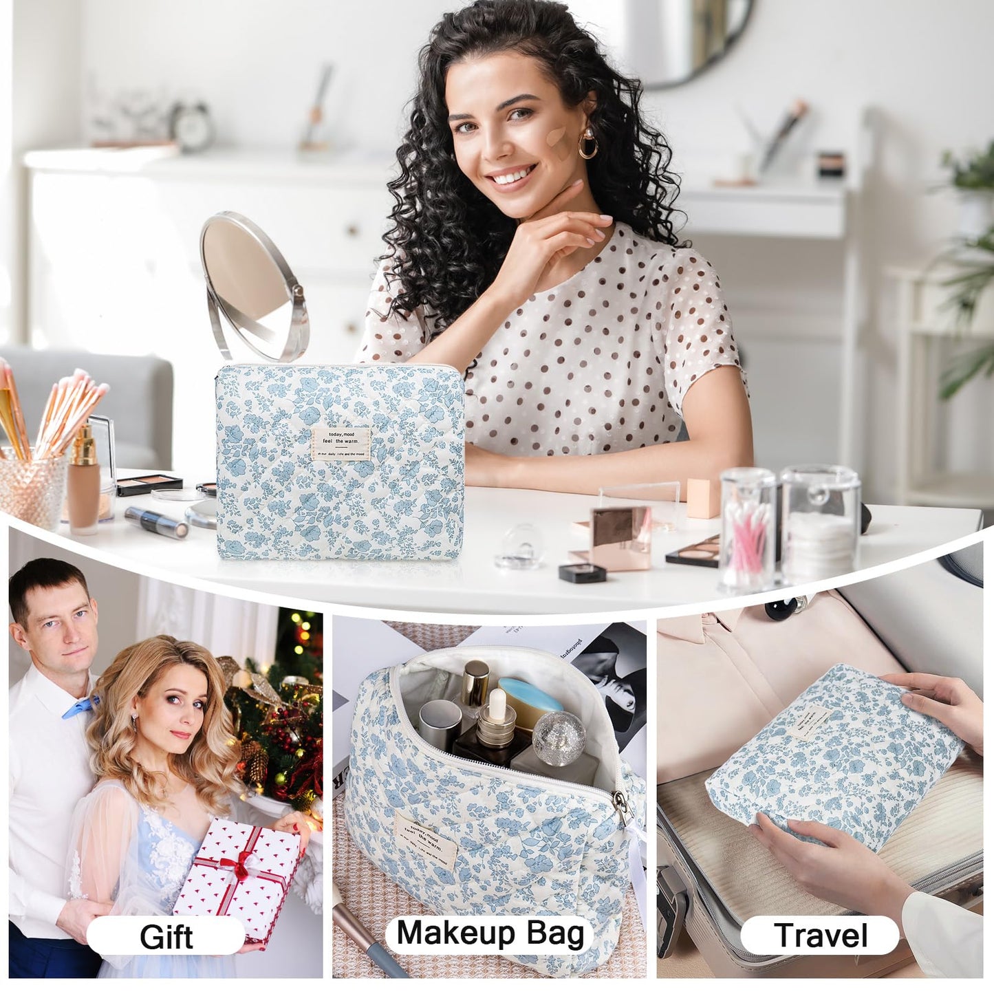 Gosect Floral Makeup Bag, Large Cosmetic Bag for Women Girls, Cute Cotton Make up Pouch, Quilted Makeup Bags, Flower Travel Toiletry Organizer Bag(Blue Floral)