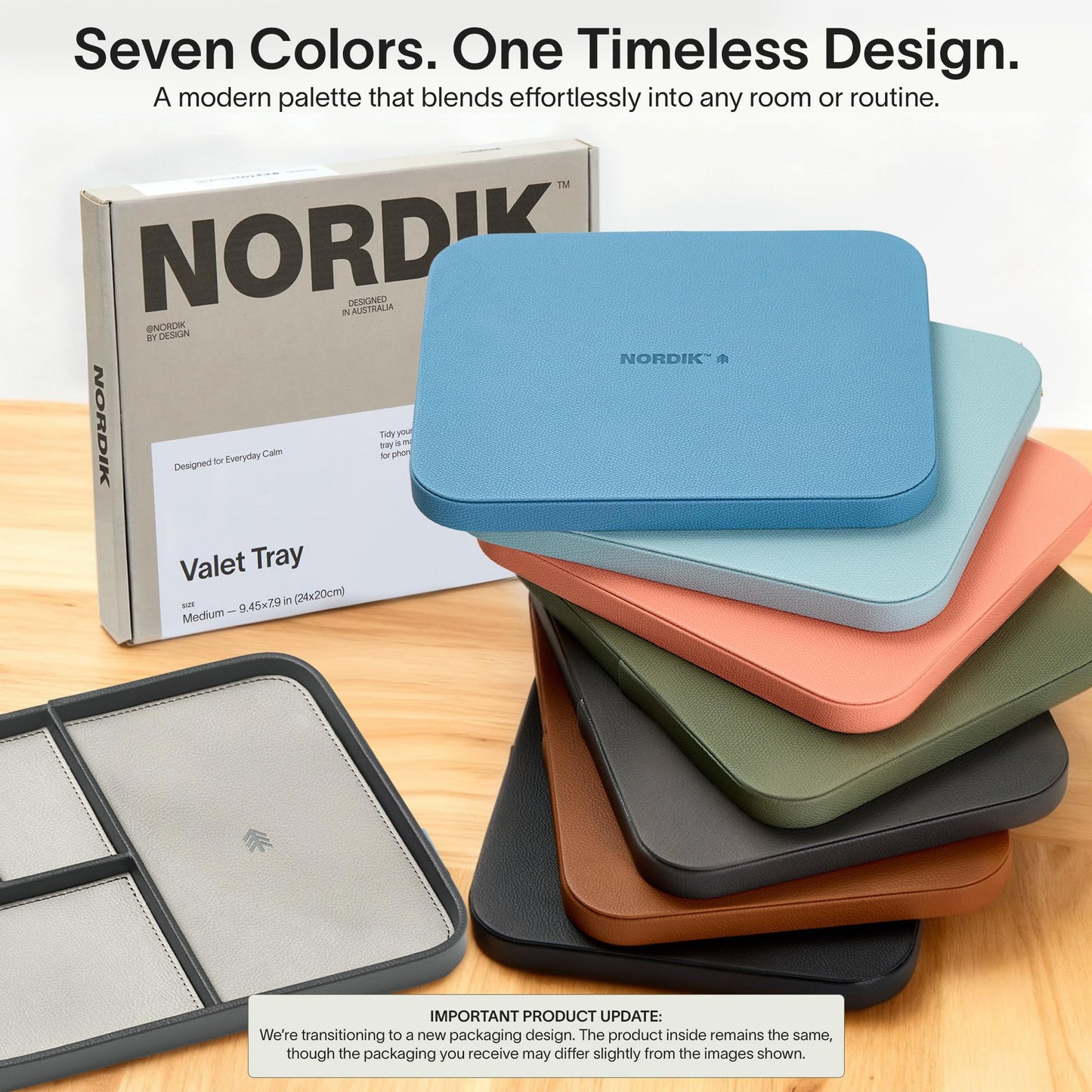 Nordik Leather Valet Tray - Sahara Gray - 9.5 x 7.9 Inch Medium Vegan Leather Tray - Stylish Nightstand Organizer for Men - Modern Bedside Caddy - EDC Catchall for Key Watch Wallet Jewellery