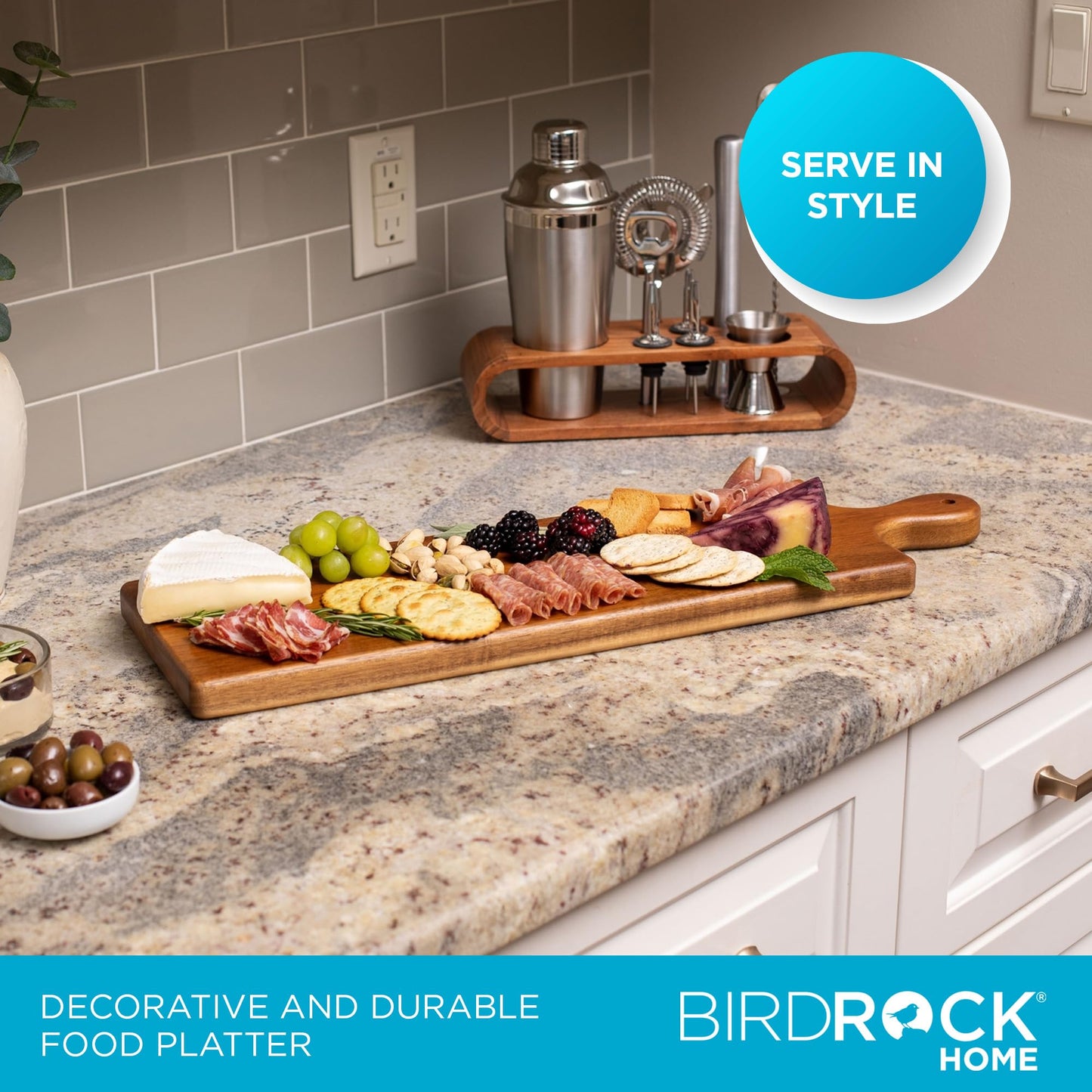 BIRDROCK HOME Acacia Wooden Serving Board with Handle - Long Charcuterie Tray for Party Cheese, Meat, Fruit & Bread Display - Decorative Food Platter for Kitchen - Natural Wood - Espresso, 23”