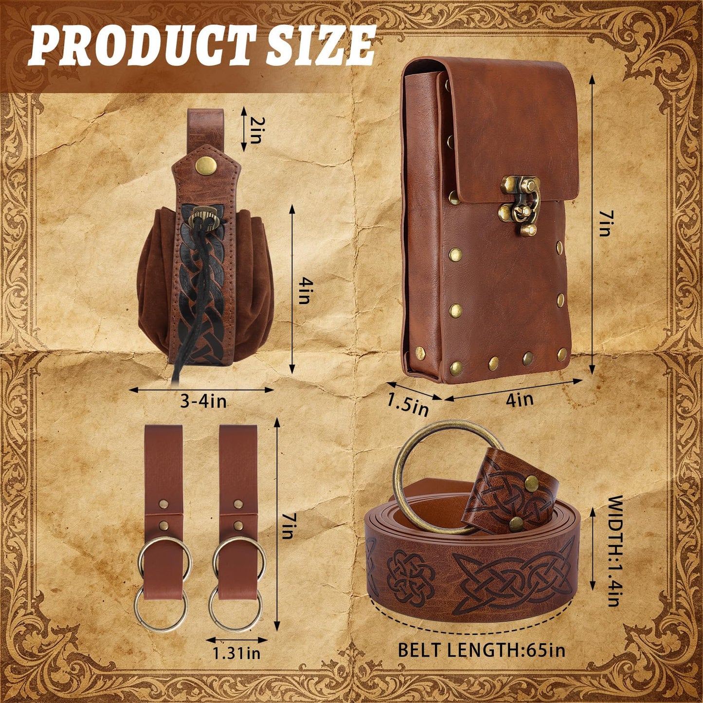 Renaissance Medieval Belt Pouch Set - Medieval Accessories with Pirate Belt Waist Bag Purse for Halloween & Cosplay (Brown-A)