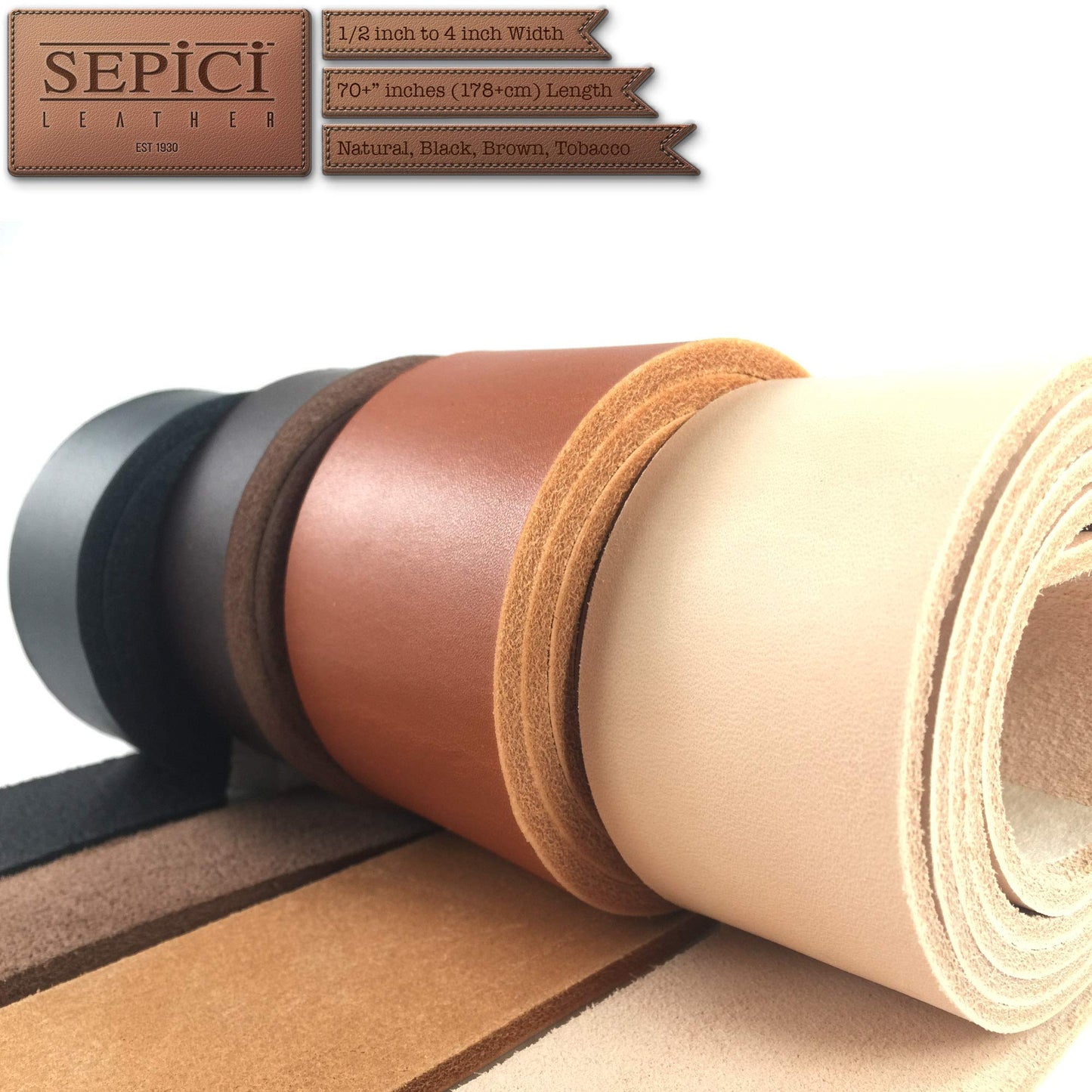 Sepici Tan Premium Leather Belt Blank 8/9 oz – Full Grain Veg Tan Cowhide Strap for Belt Making & Leather Crafts, Heavy Weight Vegetable Tanned Leather Strip, 1" x 70"