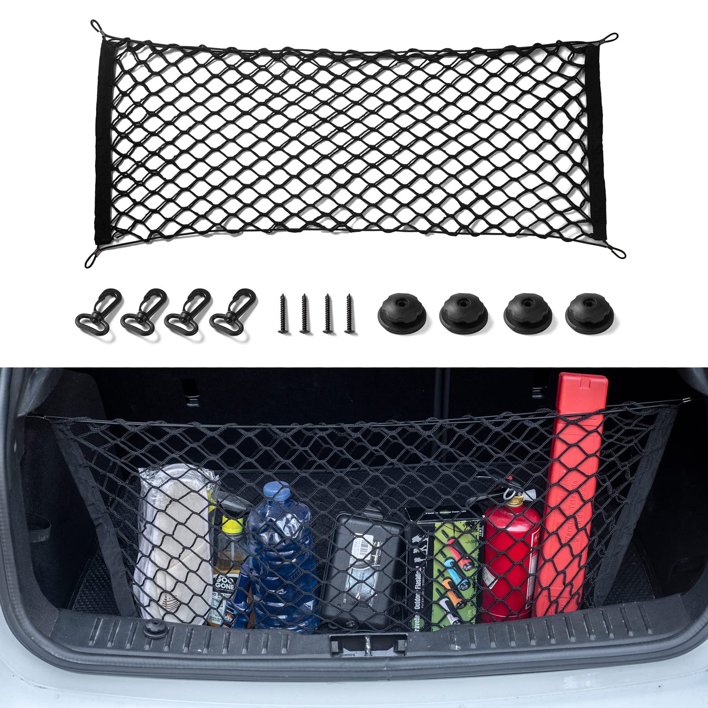 Amiss Cargo Net Stretchable. Adjustable Elastic Trunk Storage Net with Hook for SUVs, Cars and Trucks, Car Exterior Accessories (43.3x15.8 Inch)
