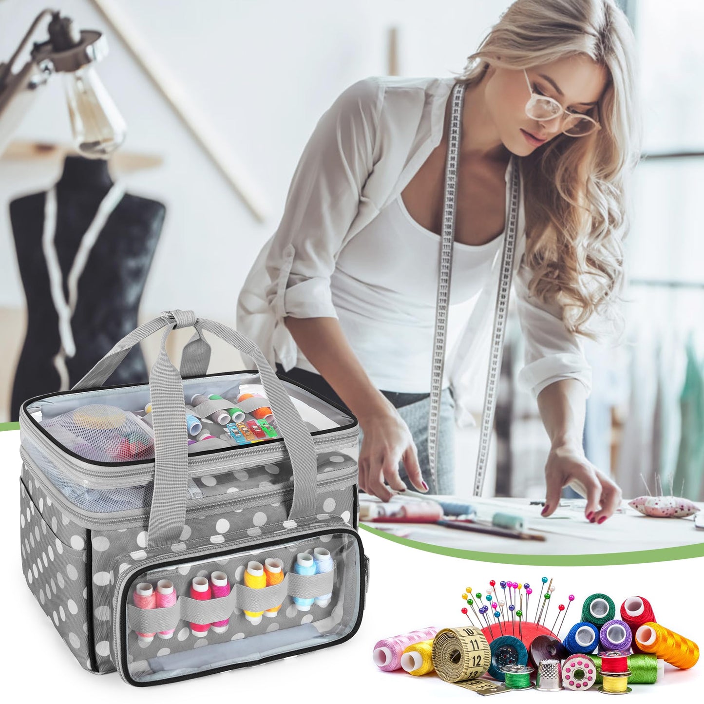 LUXJA Double-Layer Sewing Storage Organizer with Transparent Compartment, Large Sewing Organizer Bag with Detachable Divider for Sewing Supplies (Bag Only), Polka Dots