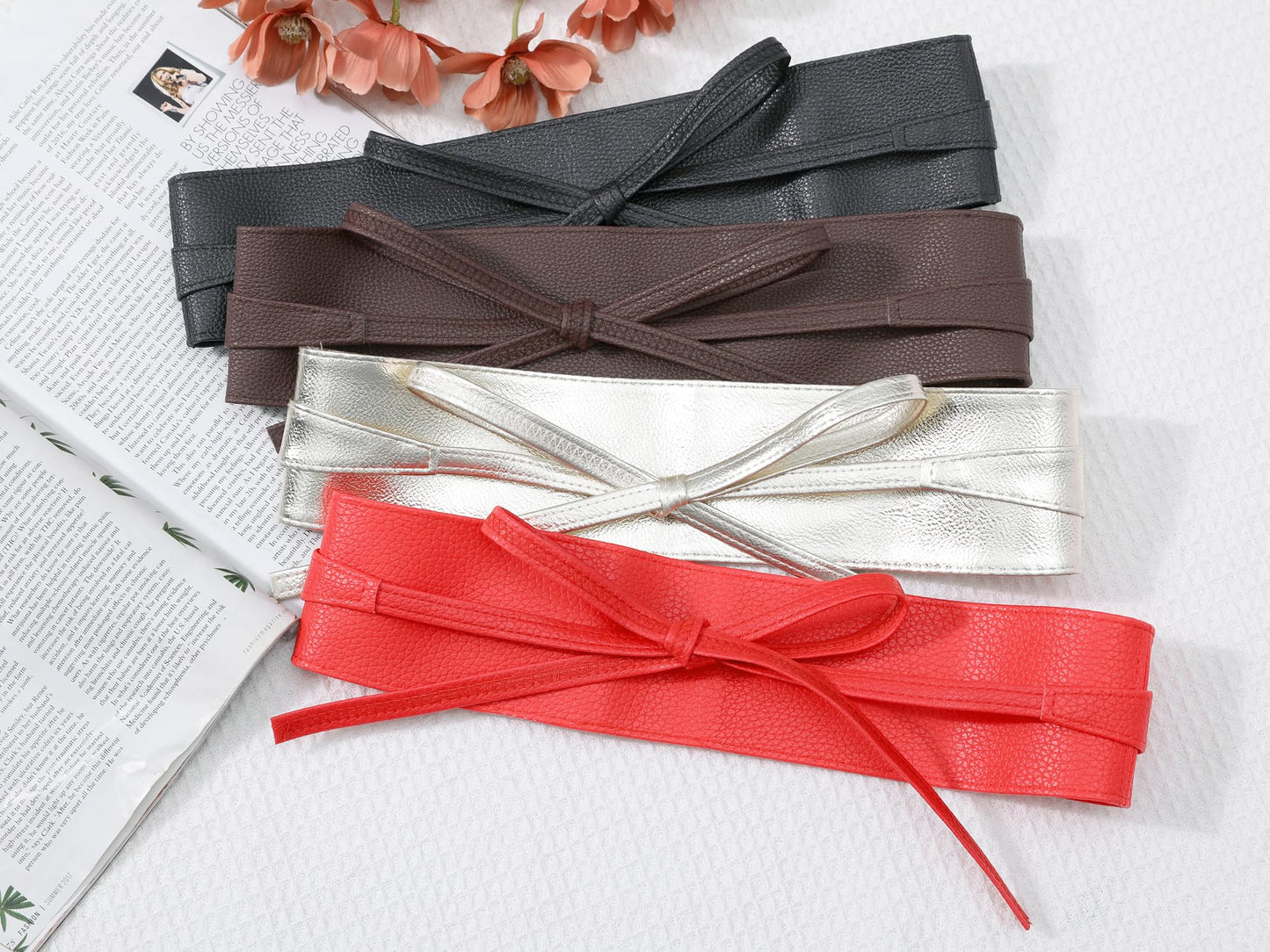 Elerevyo Women's Faux Leather Obi Belts Bowknot Wrap Around Wide Waistband for Evening Outfit Dress Shirts One Size Coffee