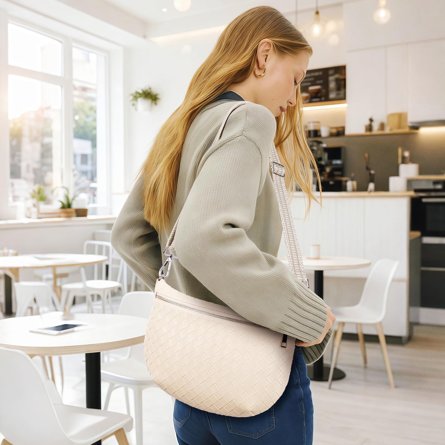 KALIDI Woven Crossbody Bags for Women Travel Vegan Leather Fanny Packs for Woman Cross Body Purse Fashion Belt Bum Bag with Wide Strap
