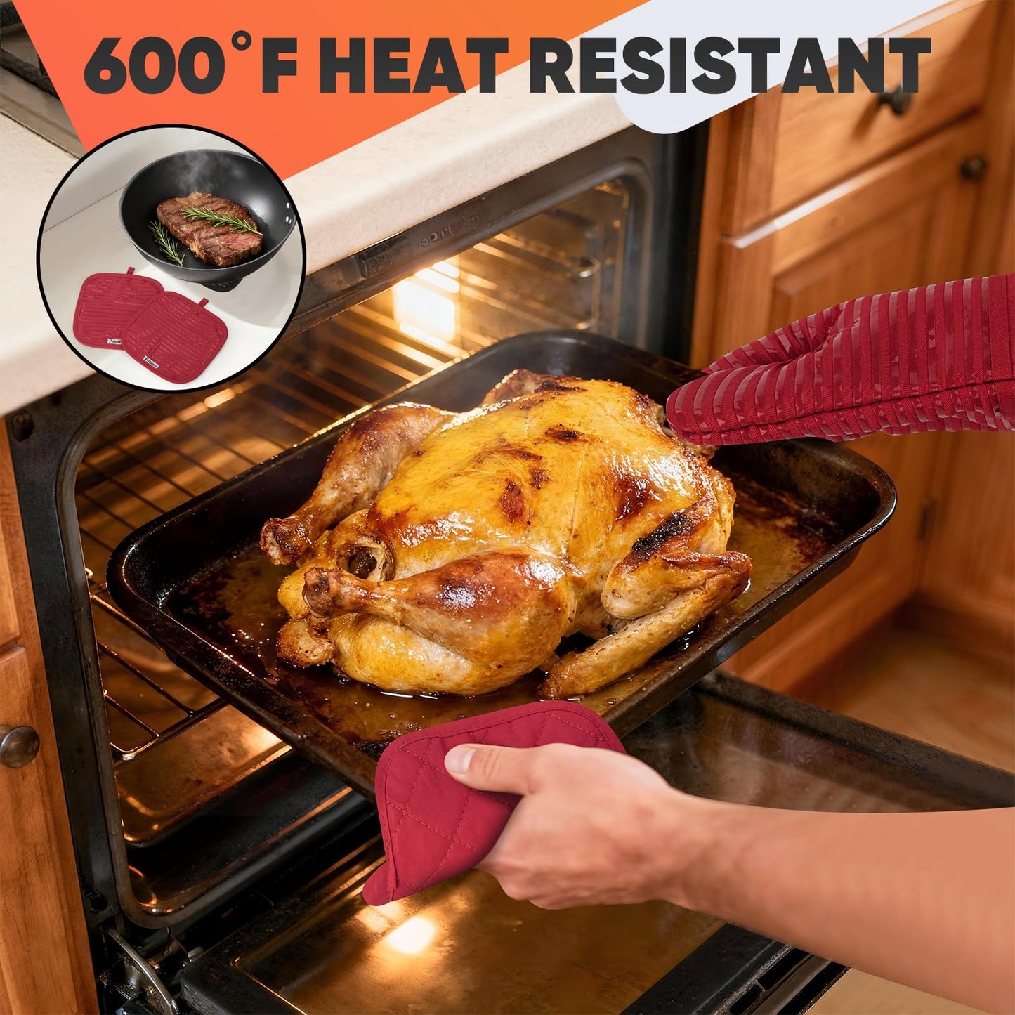 Oven Mitts Kitchen Towels and Dishcloths with Pot Holders Sets, Oven Gloves Hot Pads 500°F Heat Resistant with Silicone Grip, Include 2 Cooking Gloves/2 Potholders/4 Kitchen Towels/4 Dish Towels-Red