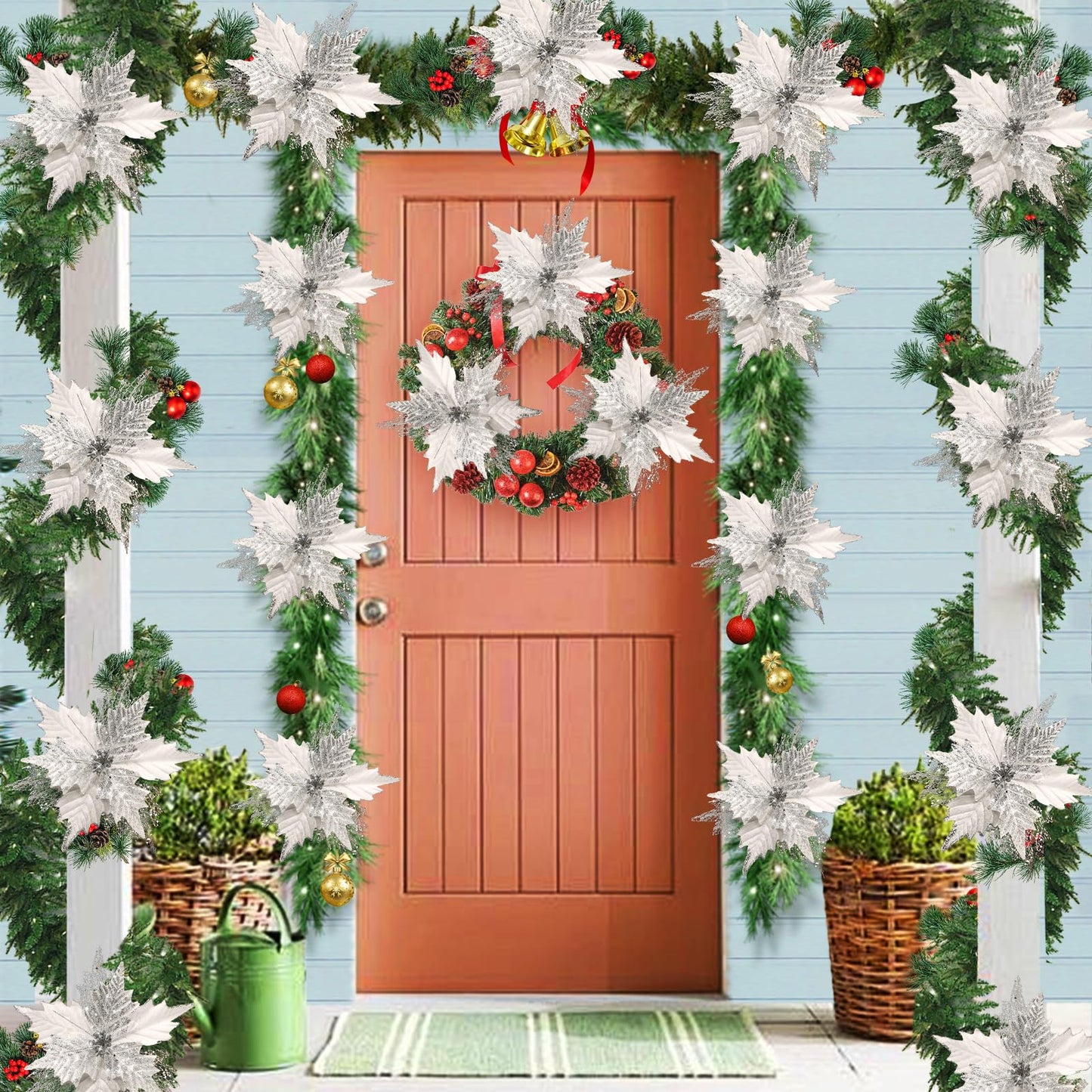 10'' Large Christmas Glitter Poinsettia Flowers Decorations, stadeco 10 Pcs Christmas Tree Picks Ornaments Artificial Flowers with Long Stems for Xmas Tree Wreath Garland Wedding Party DIY Decor