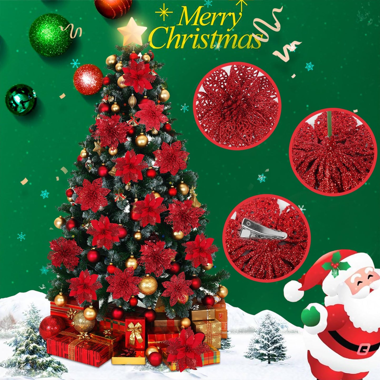 RECUTMS 66 Pcs 3 Styles Red Christmas Ornaments Christmas Glitter Poinsettia Flowers Artificial Christmas Tree Flower Decorations Wedding Wreath Floral Decorations (Red)