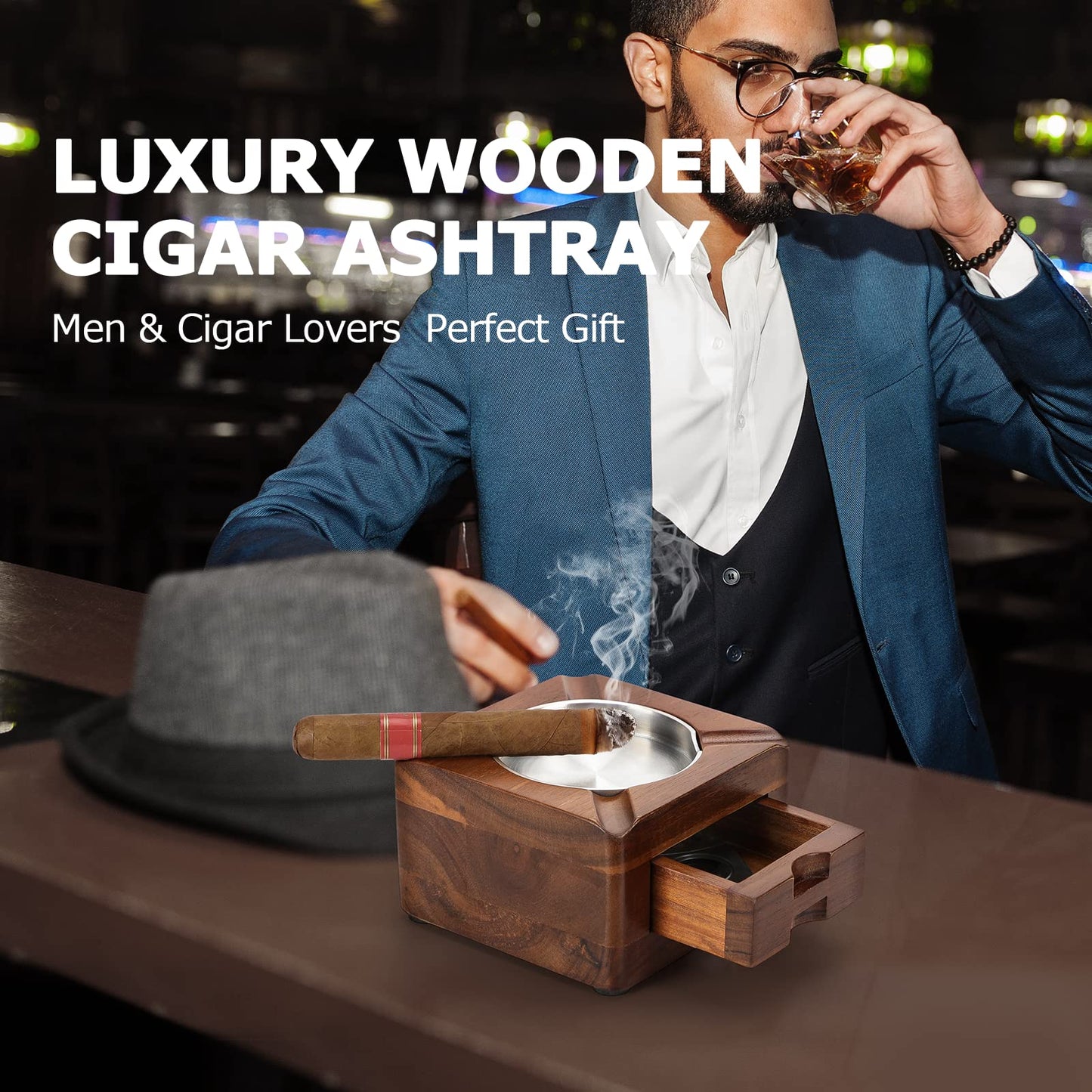 Tesonway Cigar Ashtray, Wooden Ashtray, Square Ashtray 4 Slots Cigar Holder with Accessories Drawer for Indoor Outdoor Patio Home Office, Personalized Cigar Gifts for Men