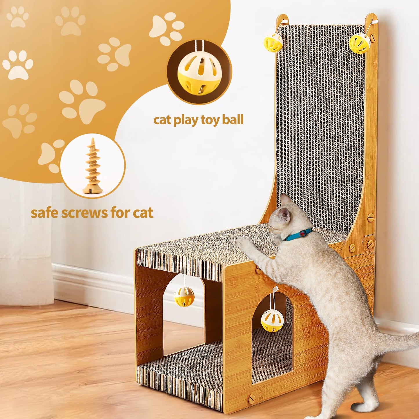 YEMOO Cat Scratcher, Cat Scratching Board, L Shaped Vertical Cat Scratcher for Wall and Couch Protection, Cat Cardboard Scratcher with 4 Ball Toys for Indoor Cats