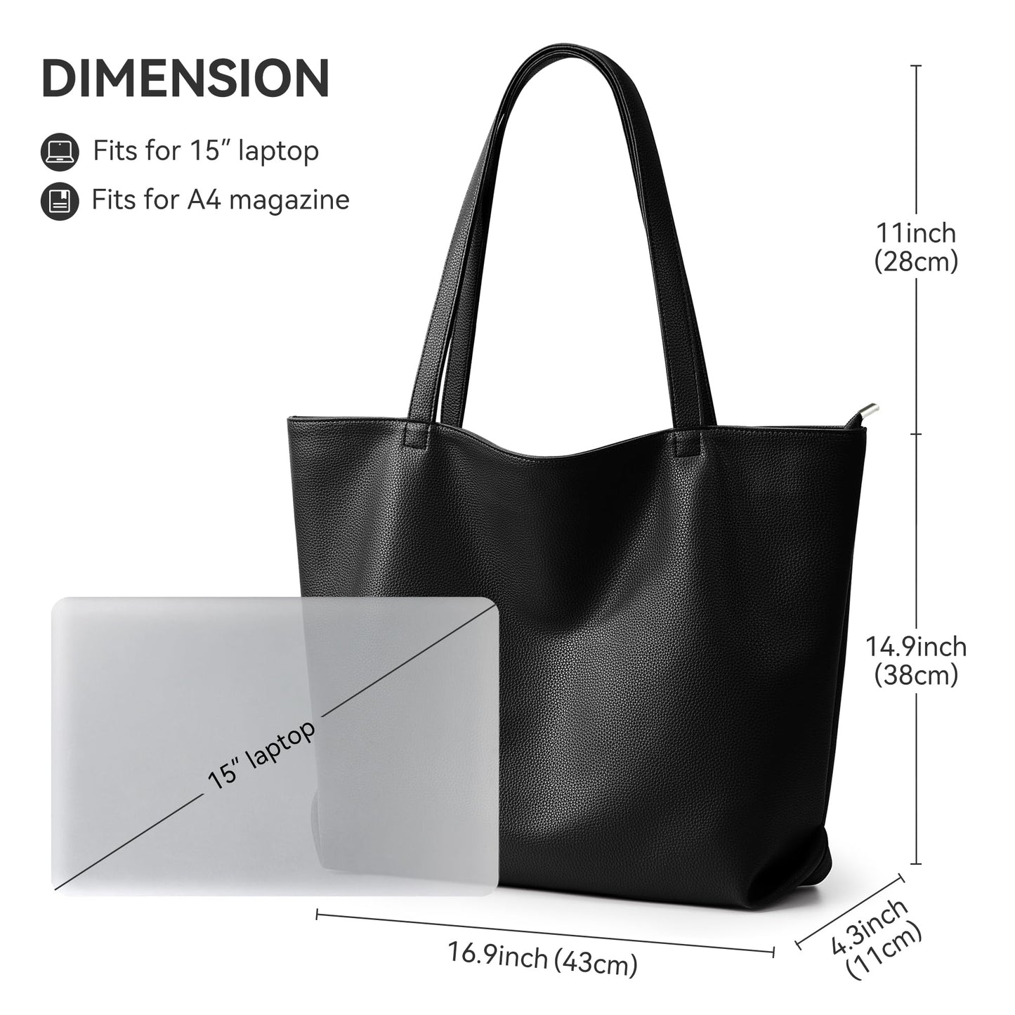 WLLWOO Soft Vegan Leather Tote Bag for Women Large Casual Hobo Handbags Zipper Shoulder Work Daily Weekender Travel Purse, Black