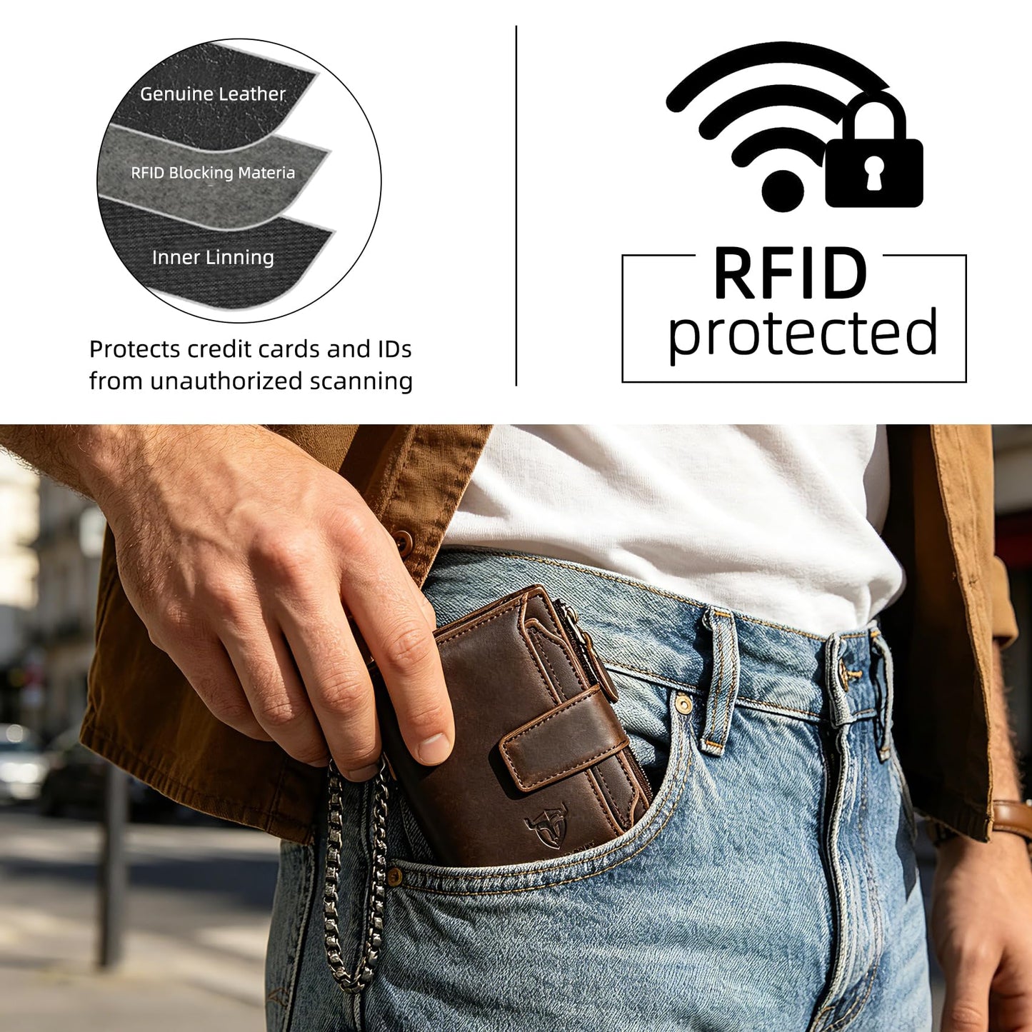 Handadsume Oil Wax Genuine Leather Travel Gift Coin Pocket Card Case Vertical Chain Rfid Wallet Purse With Snap For Men Male 1804 (2-251881 Brown1)