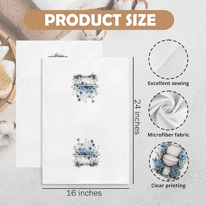 Blue Floral Hand Towels for Bathroom Set of 2, Flower Botanical Dish Tea