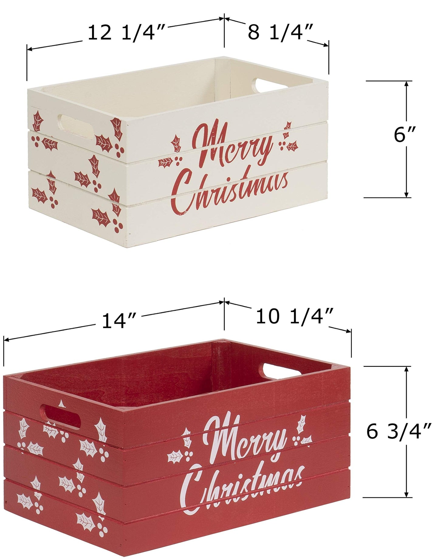 Red Co. Set of 2 Red and White Decorative Nesting Wooden Merry Christmas Storage Crate Organizers with Lettering