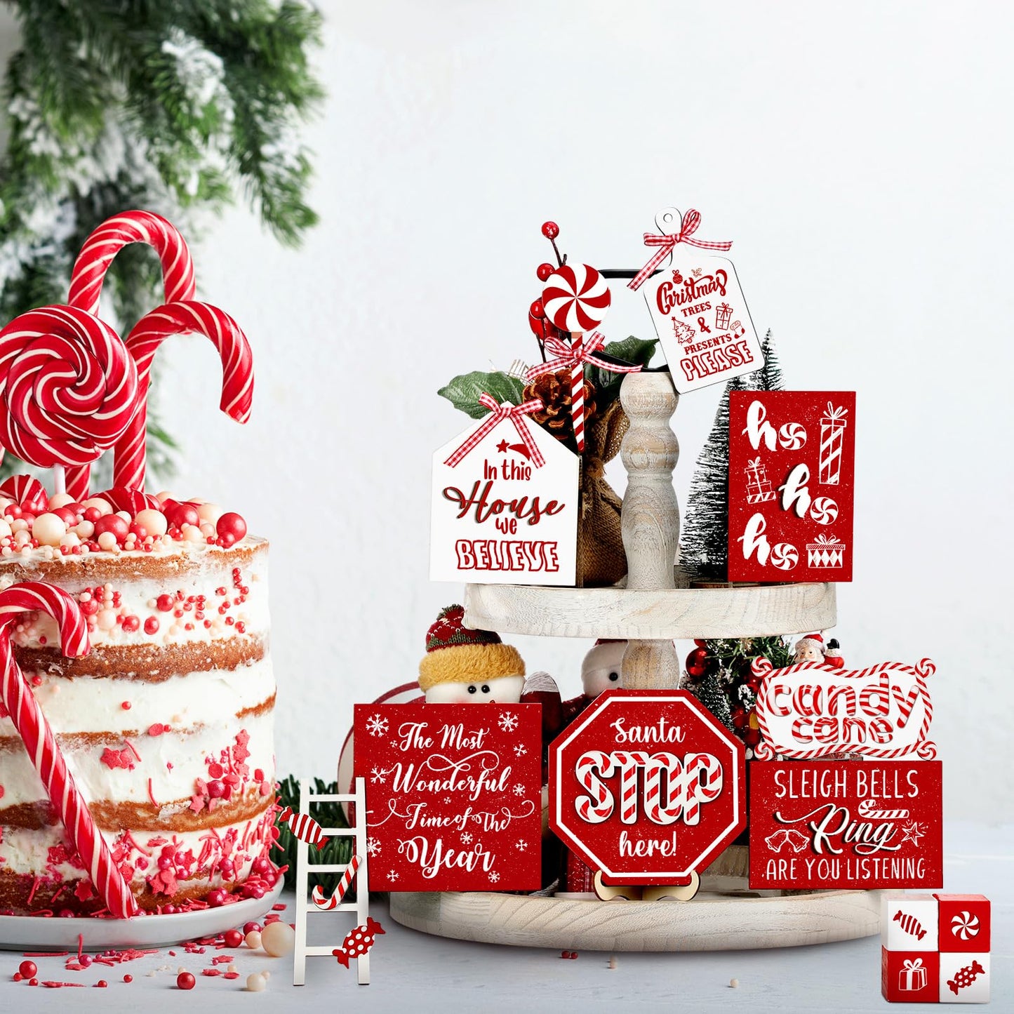 Mifoci 14 Pcs Christmas Tiered Tray Decor Rustic Christmas Decorations Snowman Santa Candy Wood Sign Xmas Table Tiered Tray Winter Farmhouse Rustic Table Decor for New Year Home Shelf Tabletop