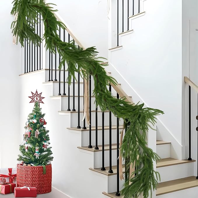 2PCS 6FT Christmas Norfolk Pine Garland, Realistic Greenery Artificial Garland for Indoor Outdoor Door Porch Fireplace Wall Staircase Holiday Christmas Decor