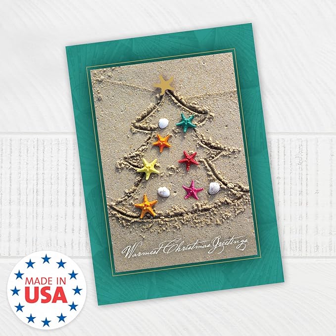 Masterpiece Sand Tree Cards / 16 Christmas Holiday Cards Set With Gold Foil And White Envelopes / 5 5/8" x 7 7/8" Winter Warm Wishes Greeting Cards With Meaningful Inside Verse